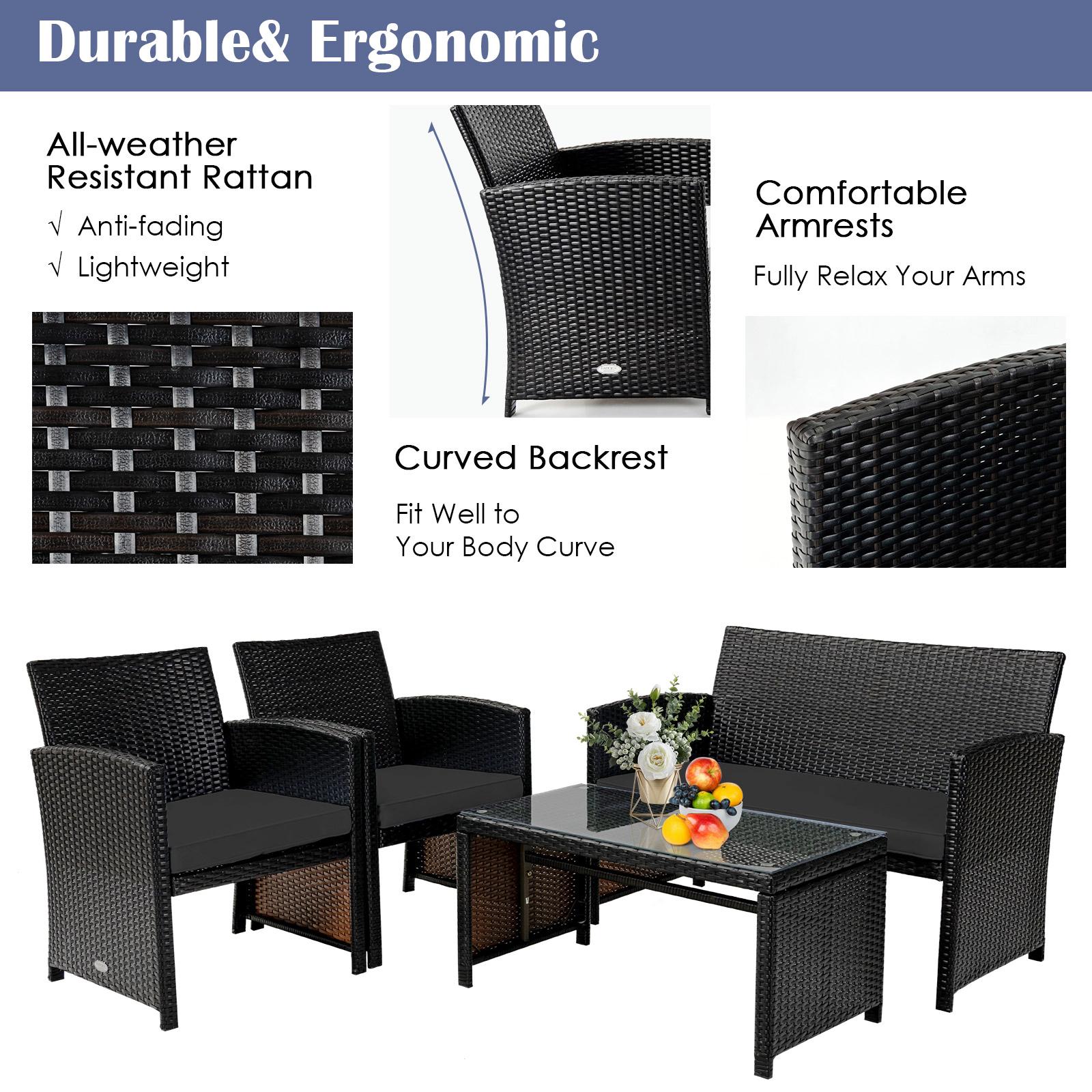 SUGIFT 4-Piece Brown Rattan Patio Set with Loveseat, 2 Chairs and Tempered Glass Table