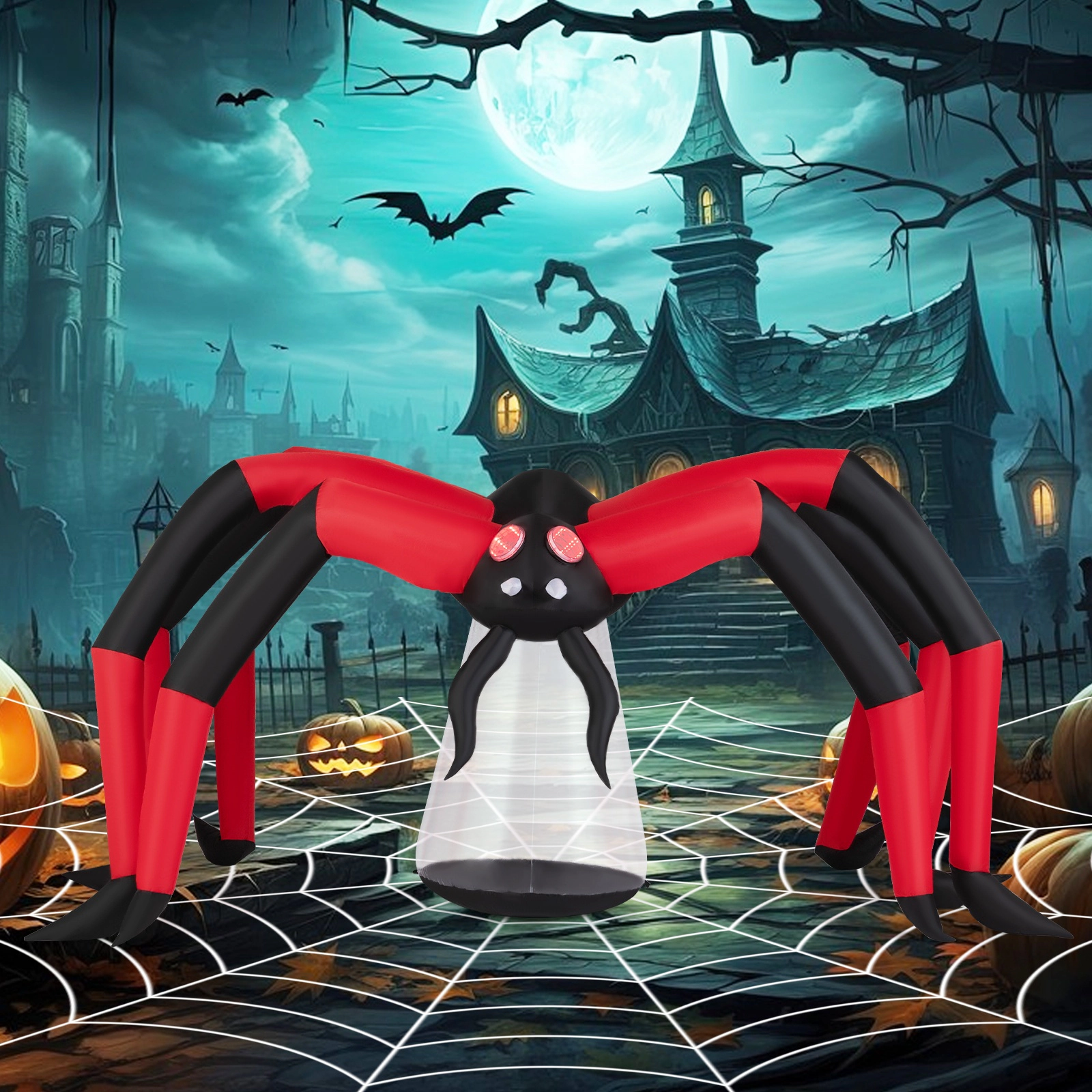 SUGIFT 10-Ft Black and Red Inflatable Halloween Spider with Red LED Tunnel Eyes