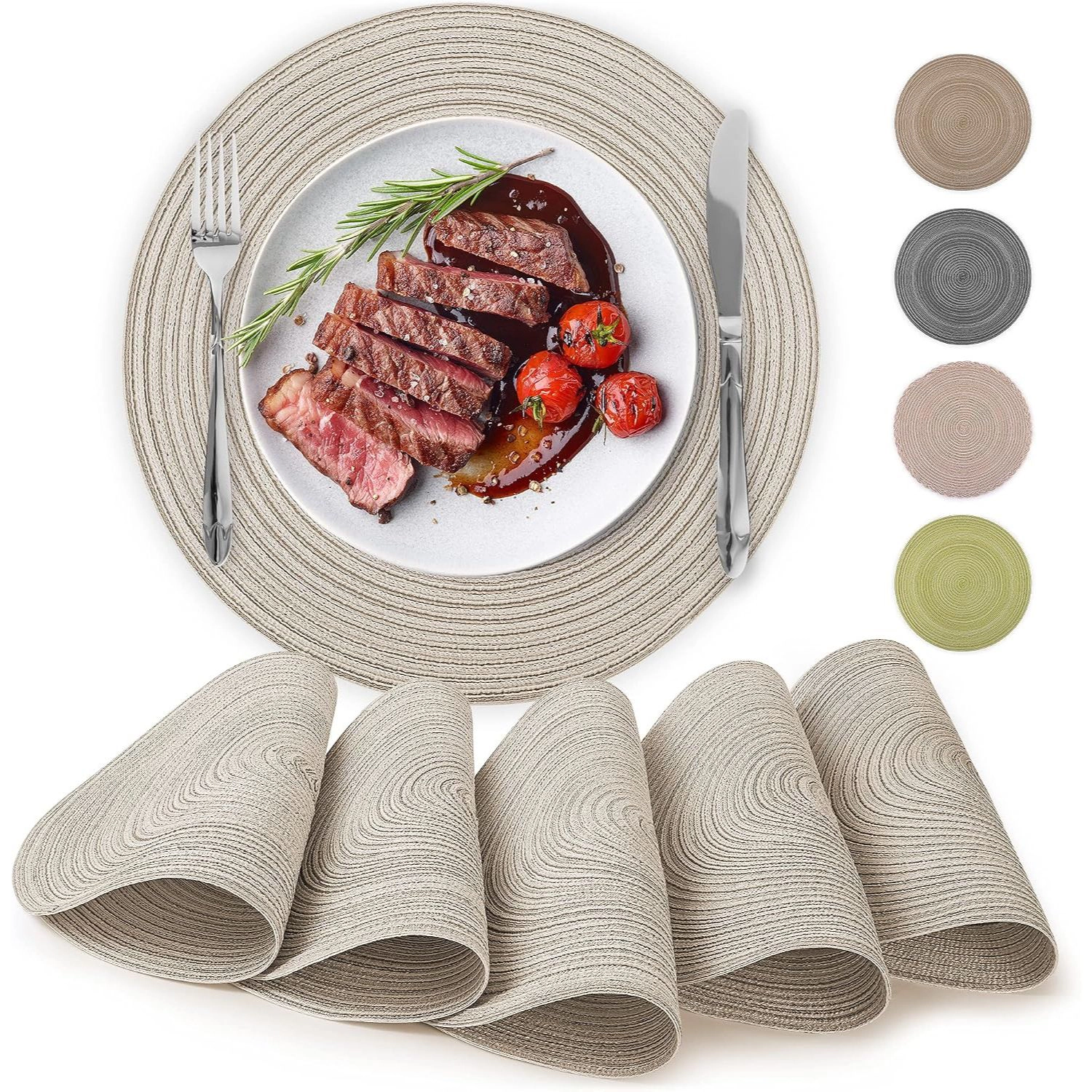 Zulay Kitchen 15 Inch Round Placemats for Dining Table Set of 6 - Braided & Anti-Skid Placemat