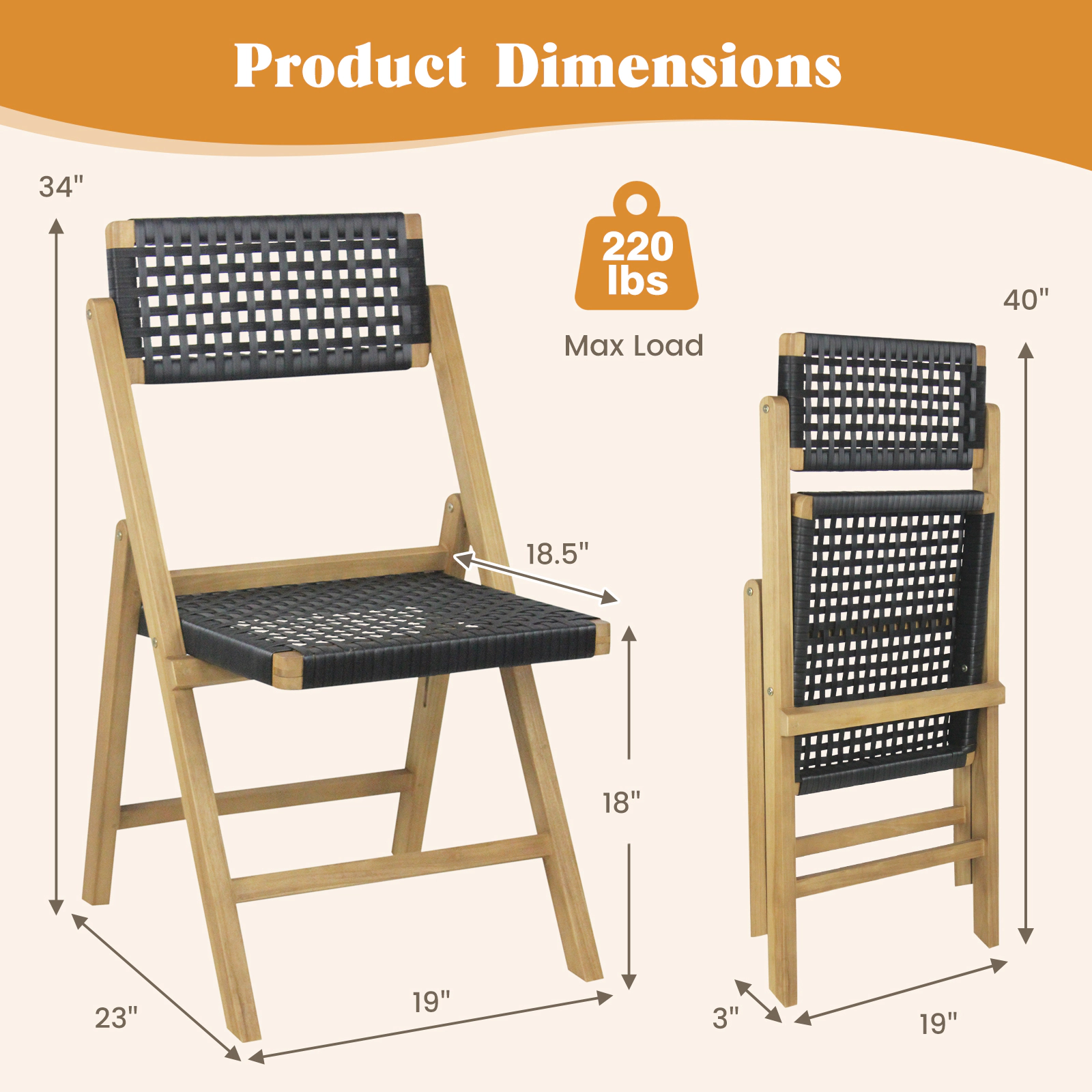 SUGIFT Set of 2 Natural Folding Teak Dining Chairs with Woven Rope Seat 23-in W 34-in H 220-lb Per Chair