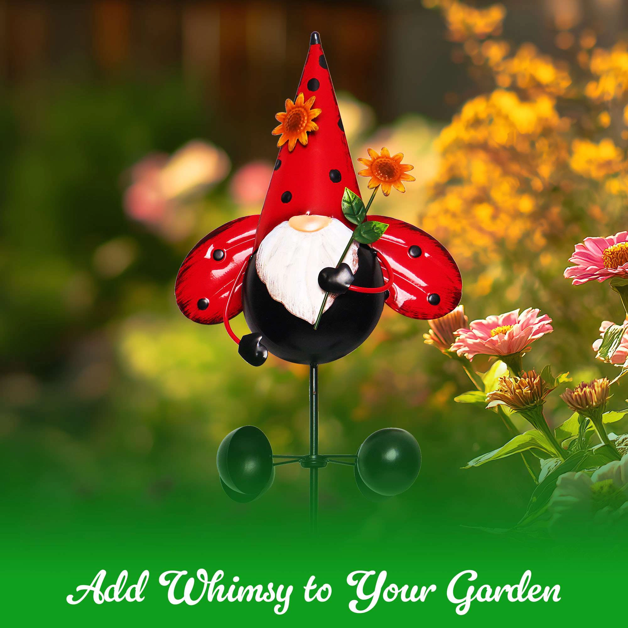 G128 48in Metal Gnome Wind Spinner Stake - 360° Swivel Garden Statue, Rust-Proof Painted Yard Decor