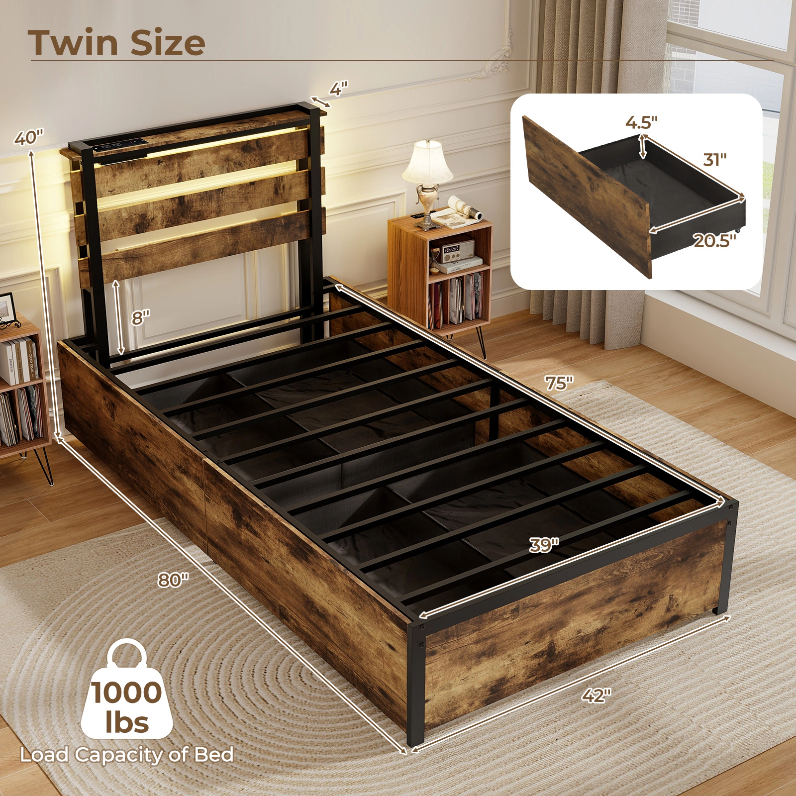 SUGIFT Bed Frame with Drawers LED Lights & USB Ports 1000-Lb Capacity Twin Size 75 x 39 in Sleeping Surface Rustic Brown