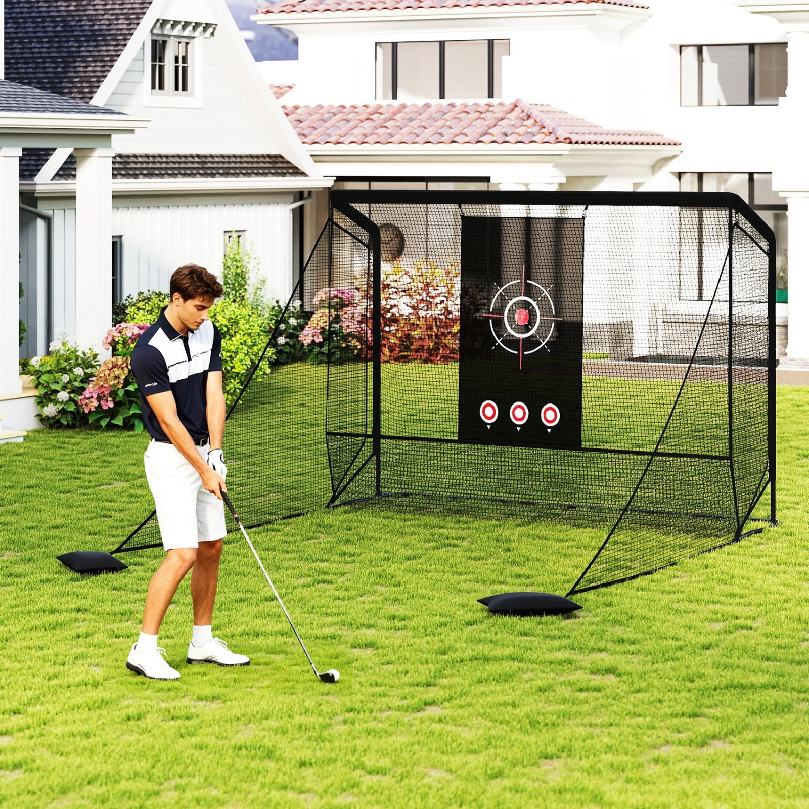 SUGIFT Dual Side Barriers and Target Cloth 10.7 ft Cage Adult Golf Practice Hitting Net