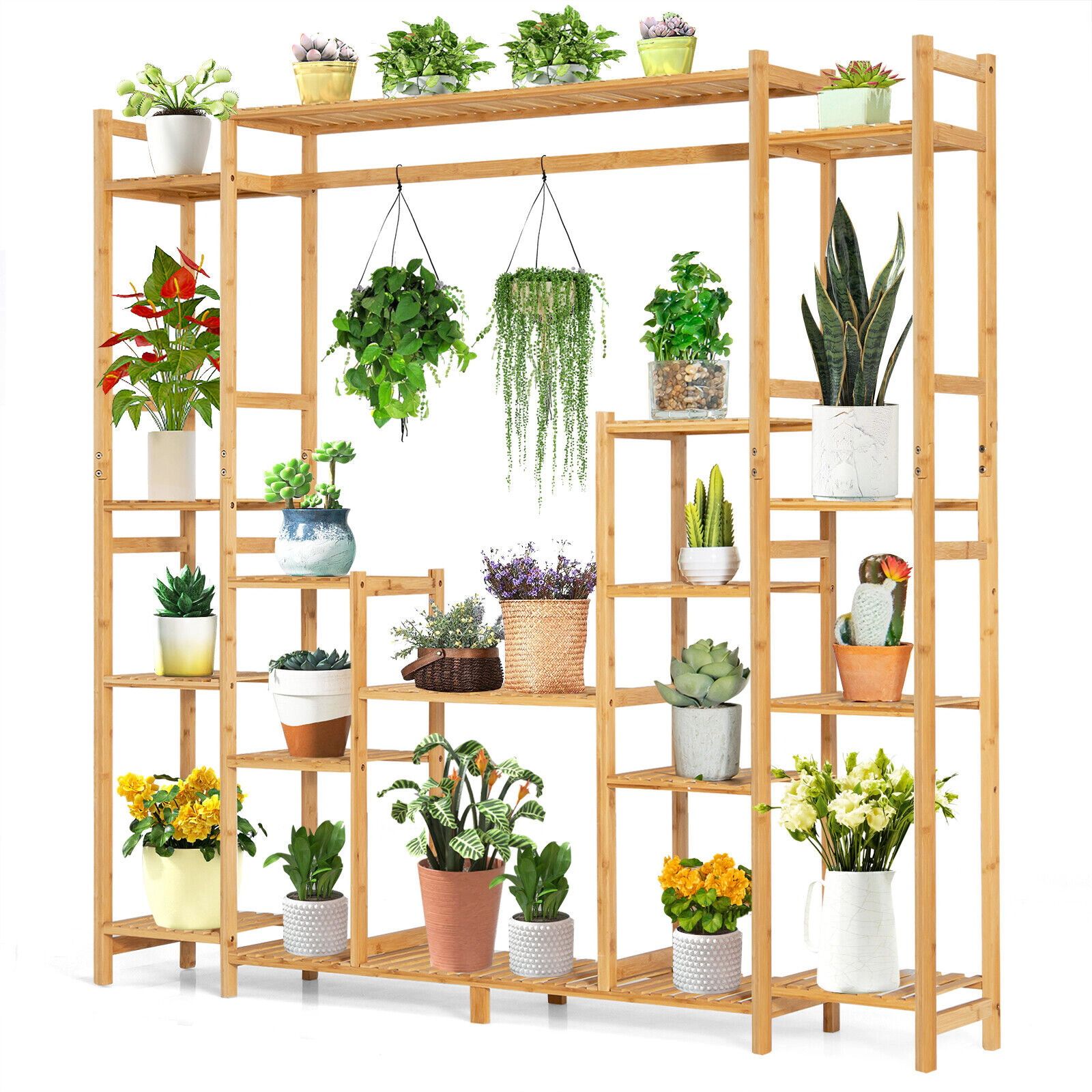 SUGIFT Natural 9-Tier Bamboo Plant Stand with Hanging Rack 66-in W 12-in D 65.5-in H 22-lb Per Shelf