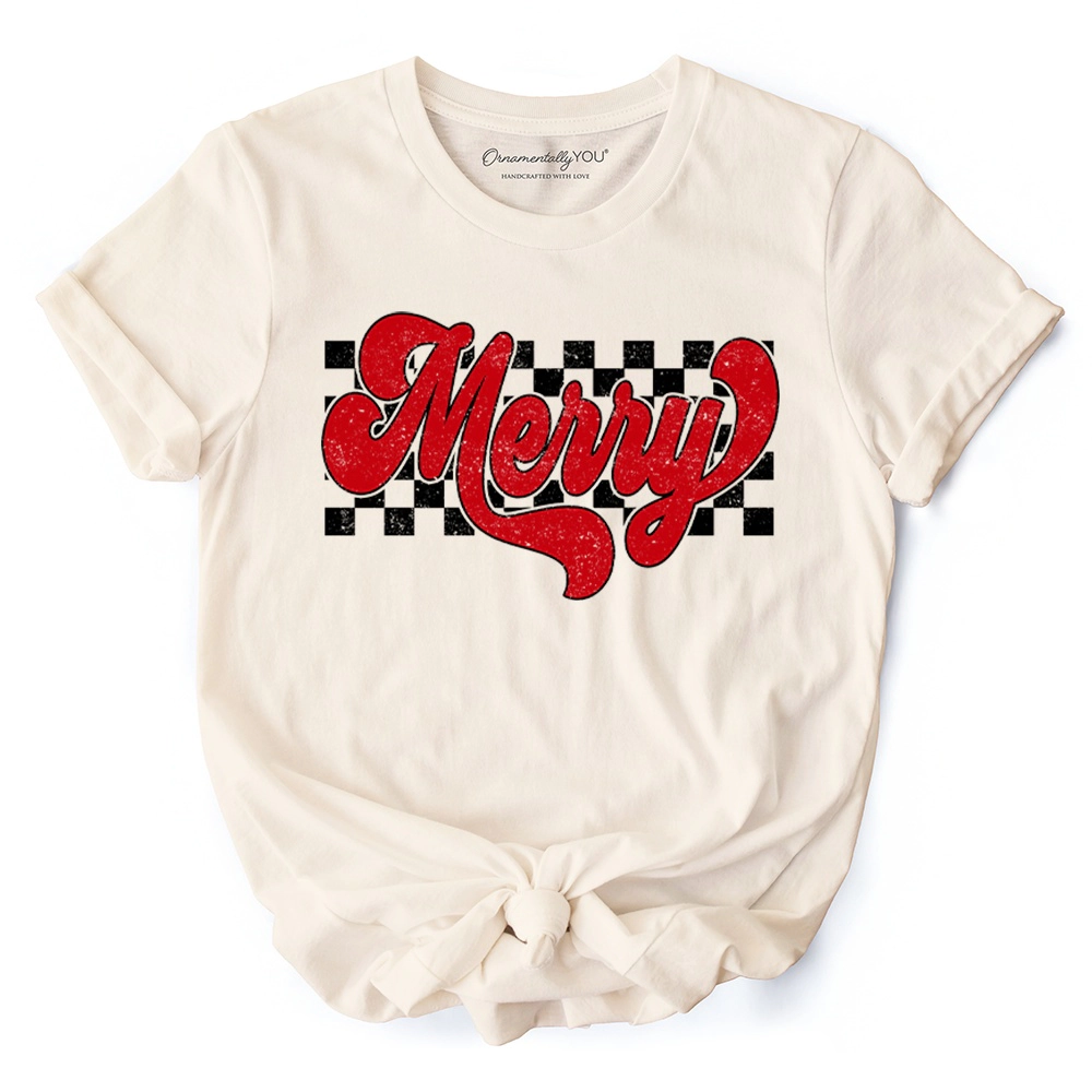 OrnamentallyYou Womens Merry Retro Checkered Christmas T-Shirt
