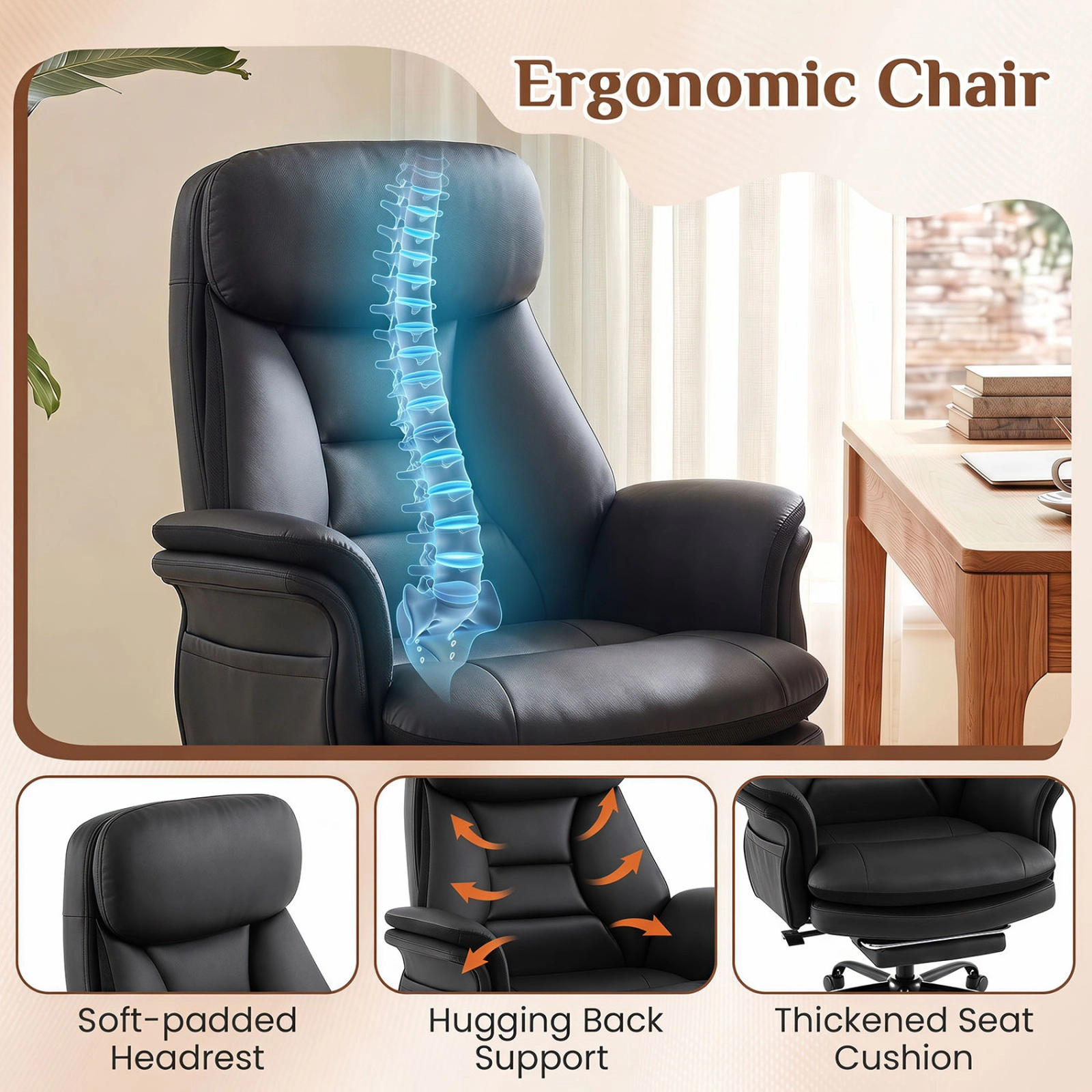 SUGIFT Big and Tall Executive Office Chair, 500-Lb Capacity, Black Faux Leather, Reclining Backrest and Footrest