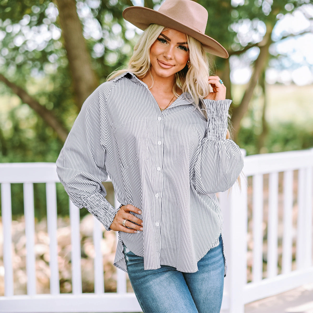 Sol Living Womens Smocked Cuffed Striped Boyfriend Shirt with Pocket