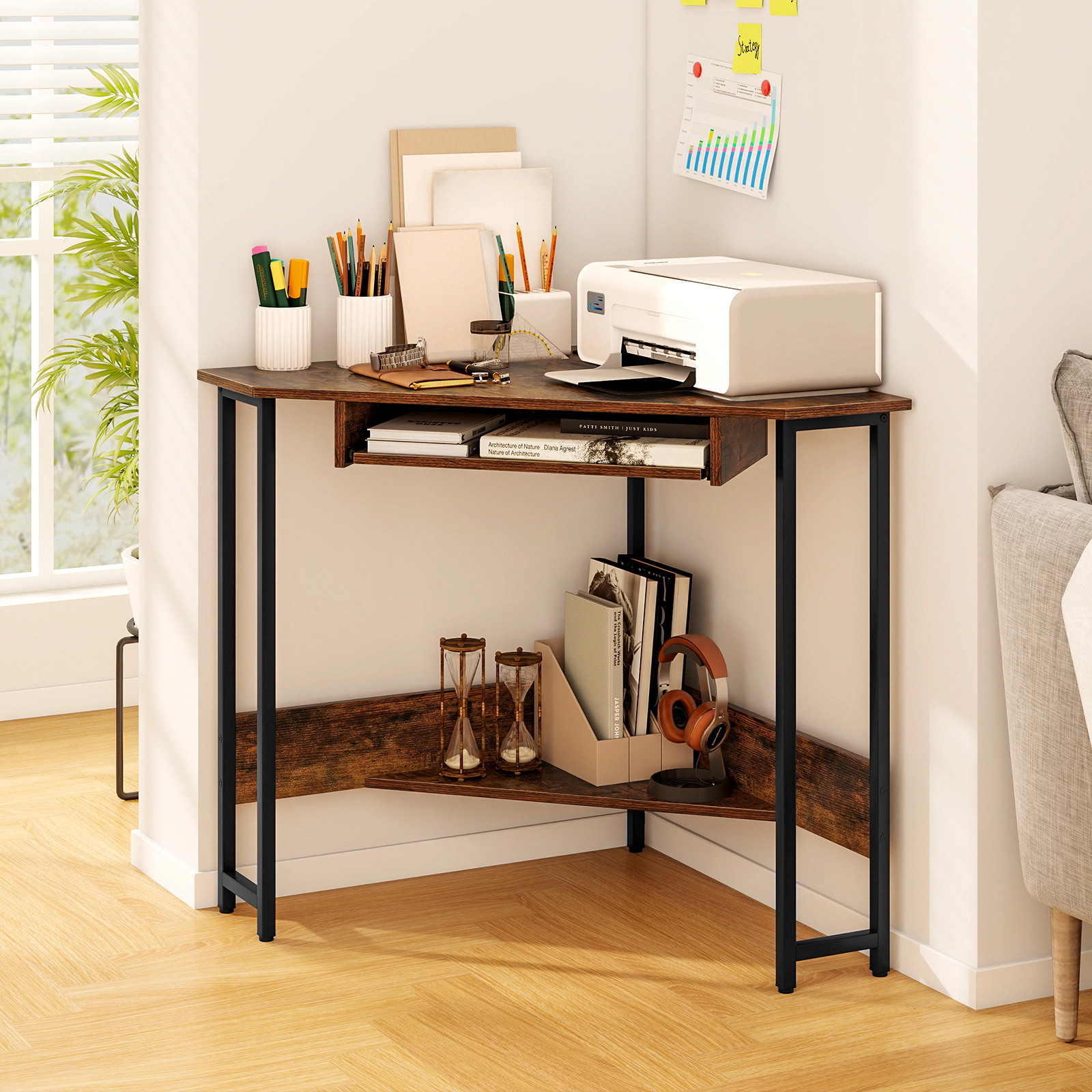 LJG Triangle Corner Desk with Charging Station Keyboard Tray and Storage Shelf