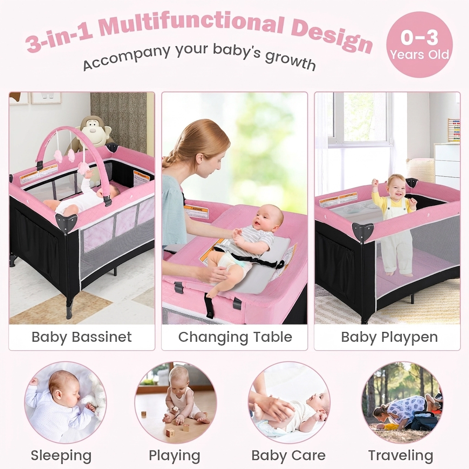SUGIFT 3-in-1 Portable Baby Crib Bassinet and Playpen with Waterproof Changing Table 19.8-lb Capacity Ages 0-3 Years