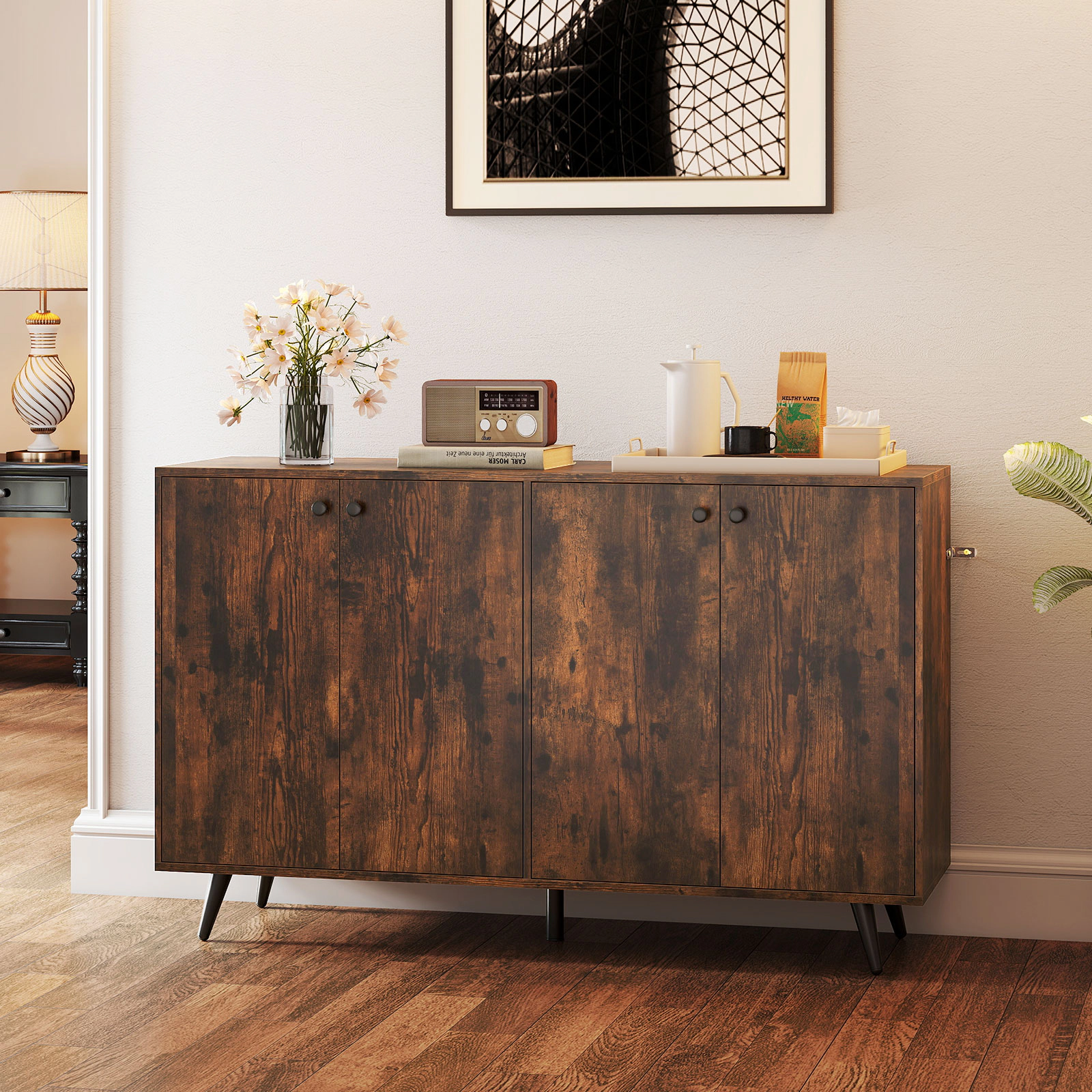 Glintex 50-Inch 4-Door Sideboard with 5-Leg Support and Adjustable Shelves