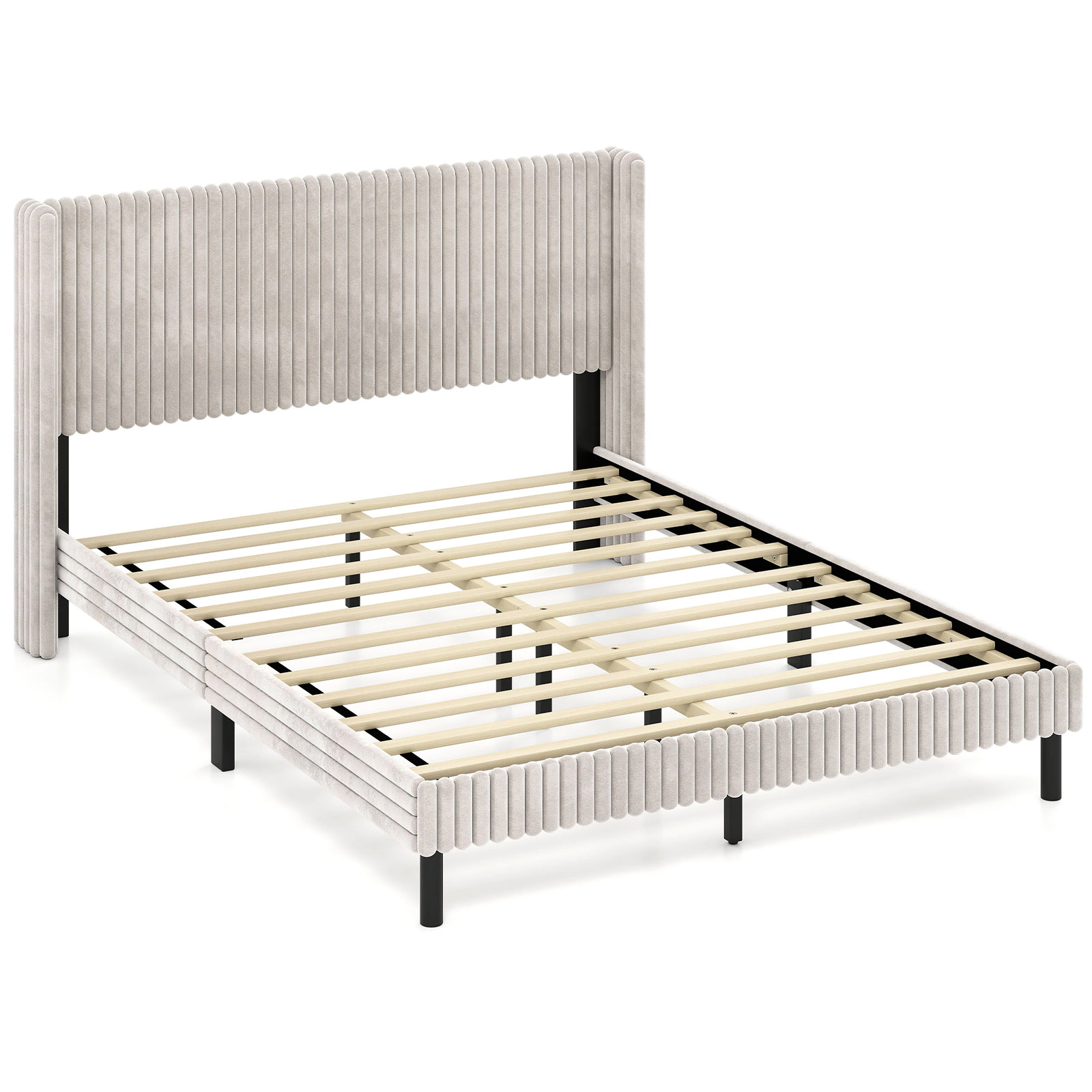 LJG Queen Size Velvet Bed Frame with Vertical Channel Tufted Wingback Headboard