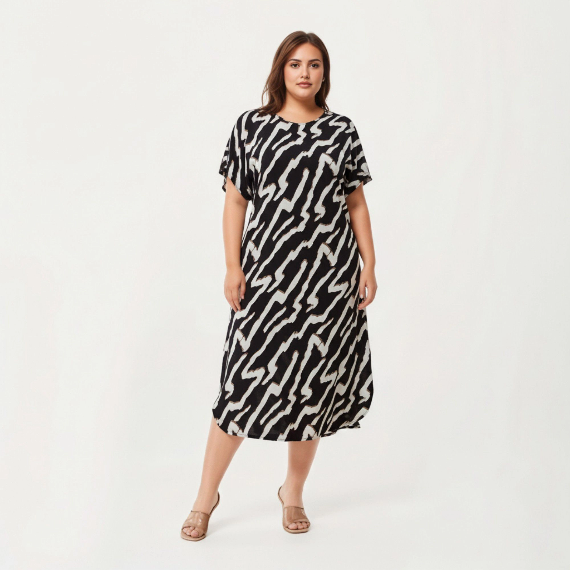 Anna-Kaci Women's Abstract Print Midi Dress Soft Draped Silhouette Relaxed Short Sleeves and Lightweight Fabric Finish