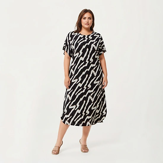Anna-Kaci Women's Abstract Print Midi Dress Soft Draped Silhouette Relaxed Short Sleeves and Lightweight Fabric Finish
