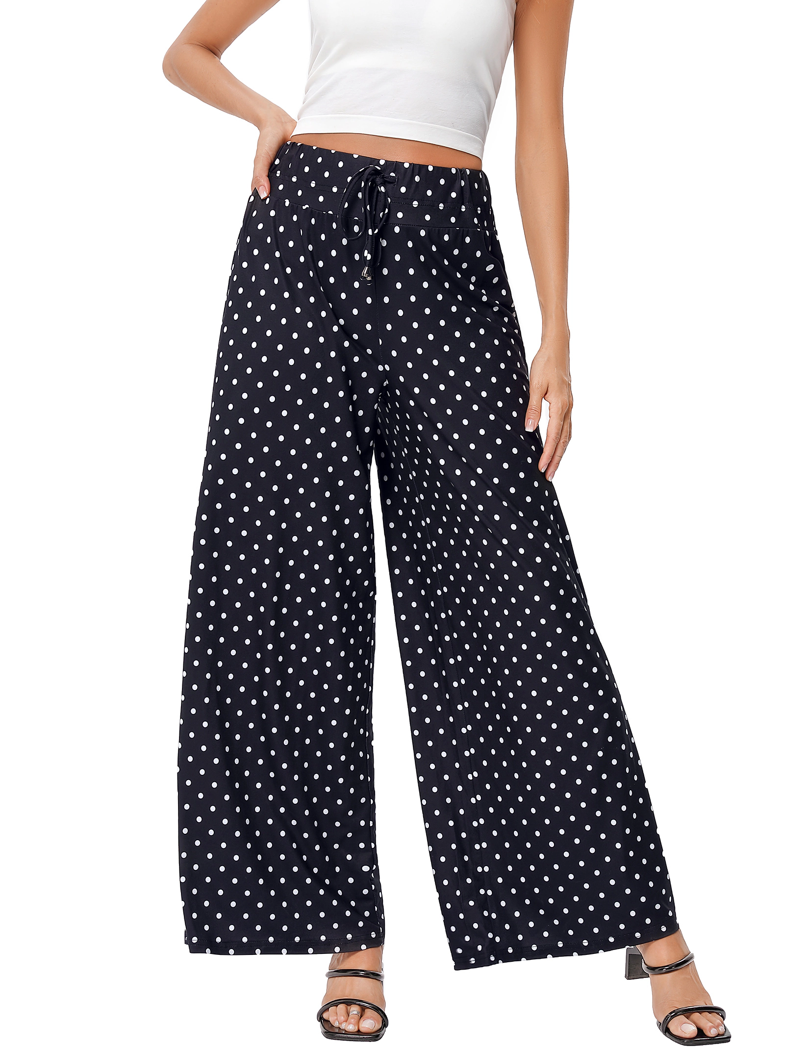 KOJOOIN Women's Wide Leg Pants Flowy Elastic High Waist Lounge Drawstring Long Palazzo Trousers