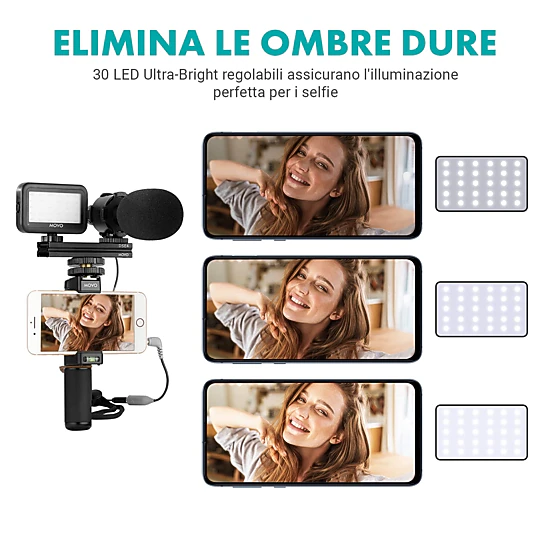 Movo V7+ YouTube Starter Kit - Vlogging Kit for iPhone with Tripod, Grip, Stereo Microphone, LED Light and Remote