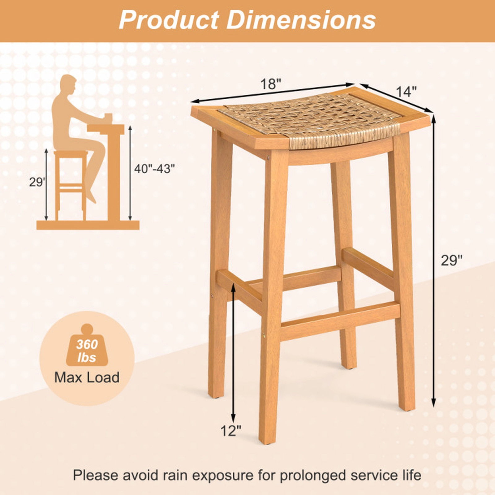 SUGIFT Set of 2 Natural Acacia Wood Bar Stools with PE Rattan Seat, 360 lb Capacity