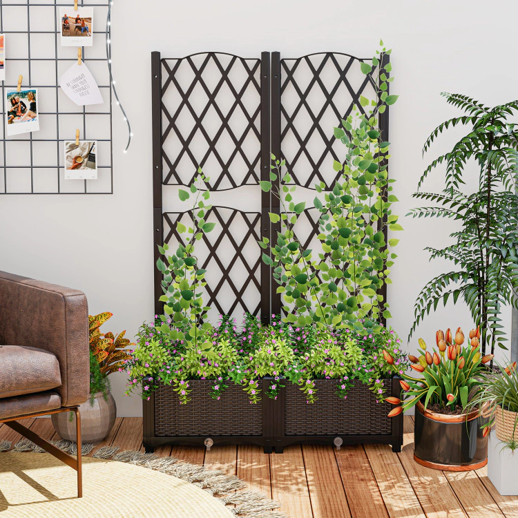 Hivvago Set of 2 PE Rattan Raised Garden Bed with Trellis Planter Box for Climbing Plants