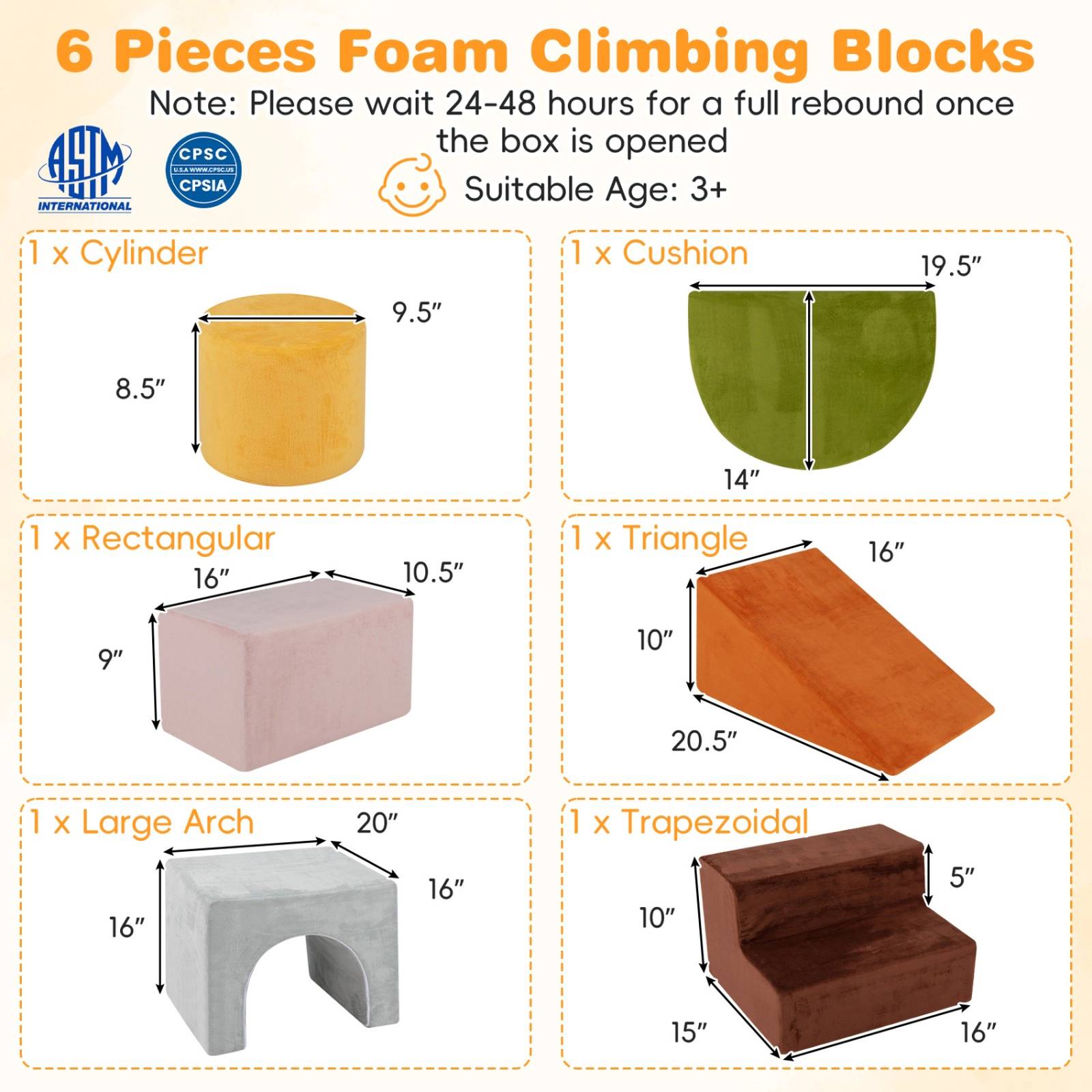 SUGIFT 6 Piece Foam Climbing Blocks Gray for Toddlers with Slide Arch and Tunnel