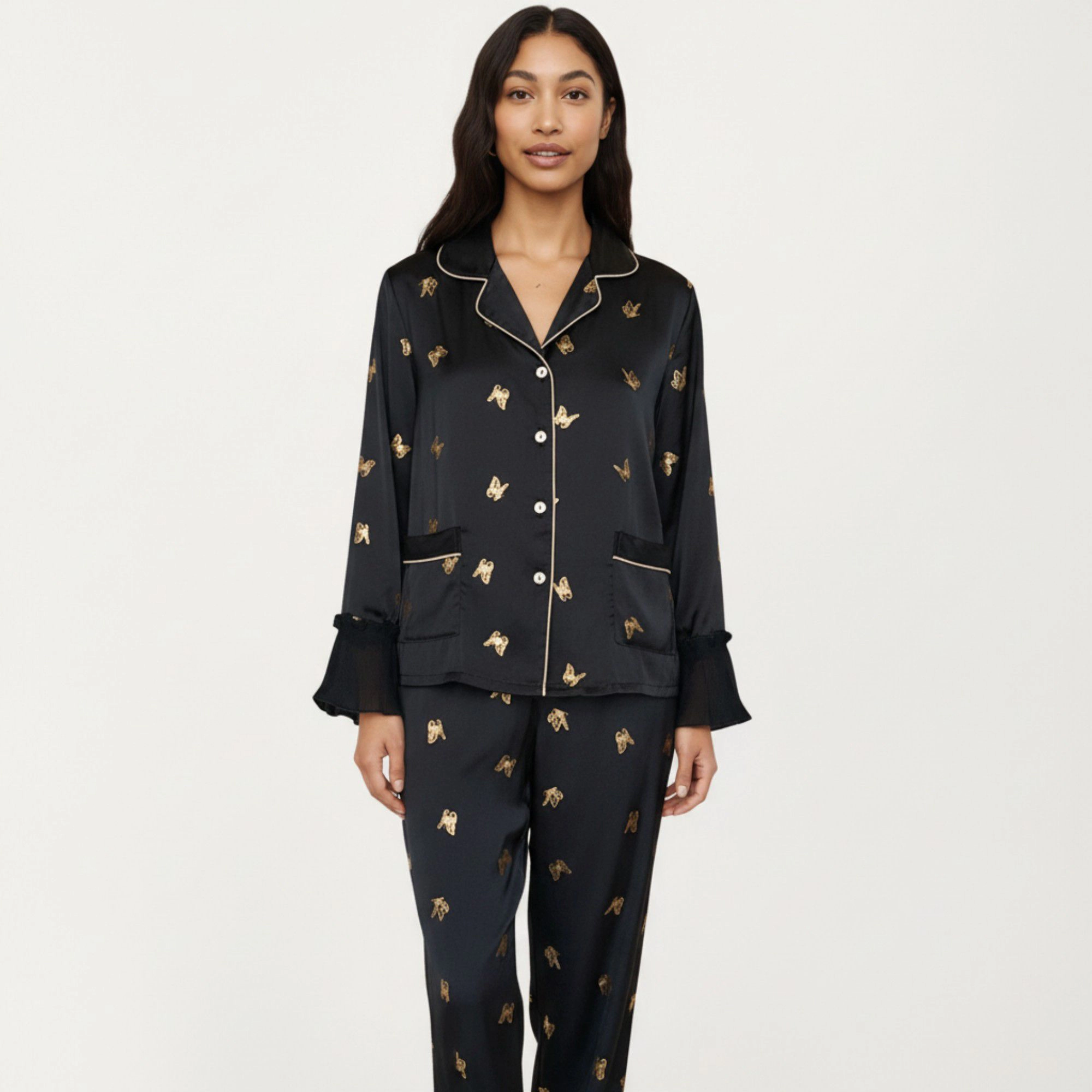 Anna-Kaci Women's 2-Piece Satin Pajama Top with Piping Detail and Ruffled Cuffs Paired Matching Pants