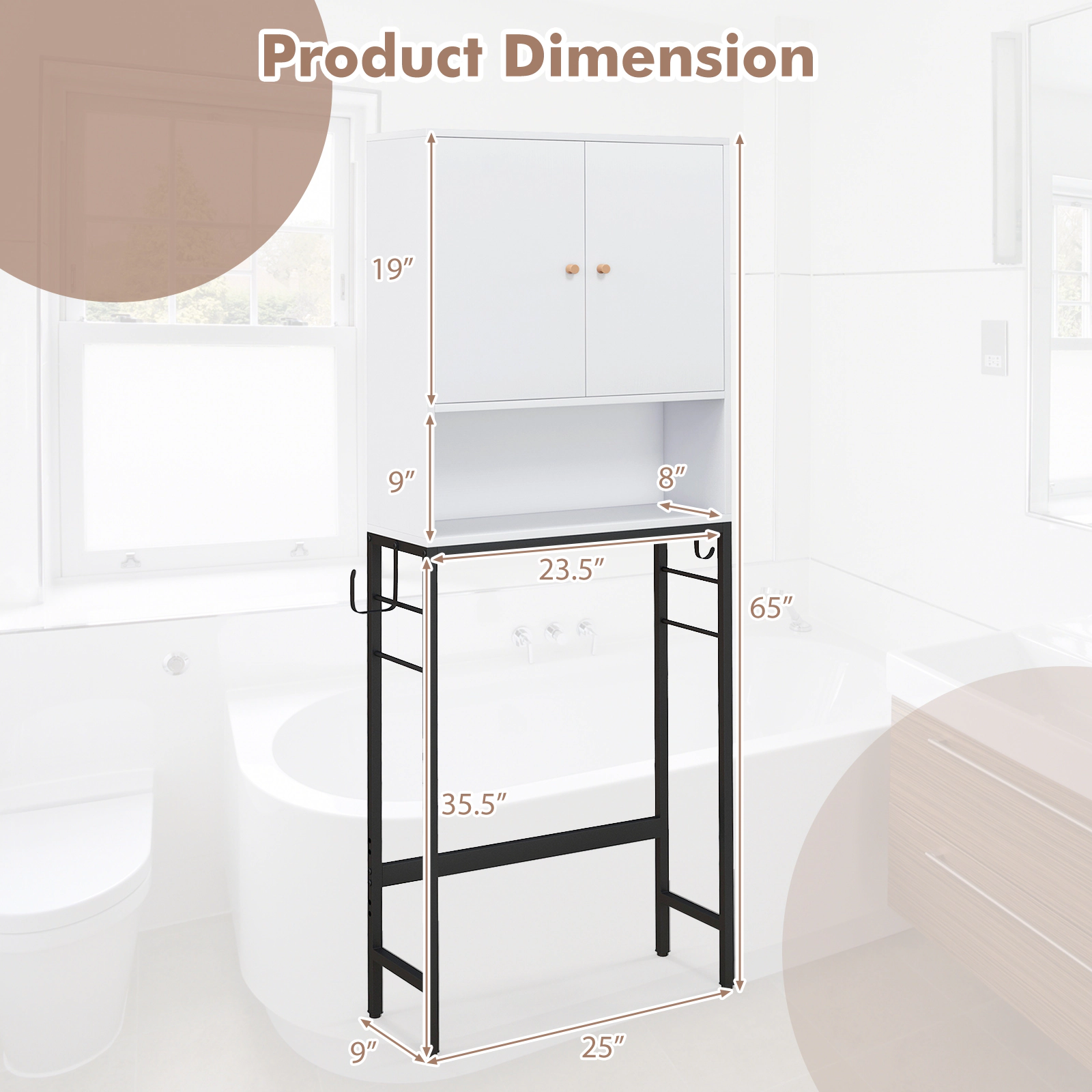 SUGIFT White 62.5-in 132-lb Capacity Over the Toilet Bathroom Storage Cabinet with 2 Doors and Shelf