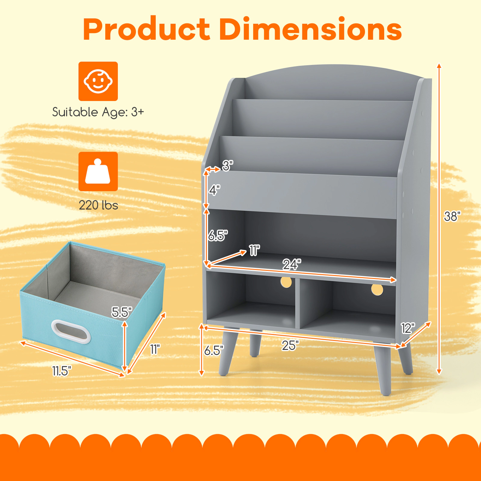 SUGIFT Gray 220-lb 3-Tier Kids Bookshelf and Toy Storage Organizer with 2 Foldable Fabric Drawers