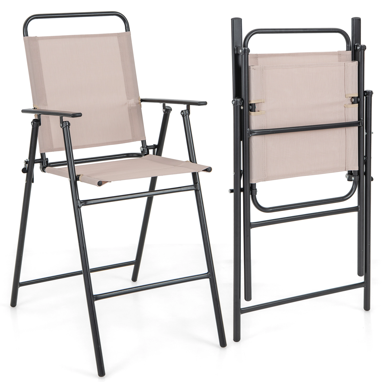 SUGIFT Set of 2 Beige Folding Bar-Height Patio Chairs, 24-Inch Seat, Mesh, Armrests and Footrests