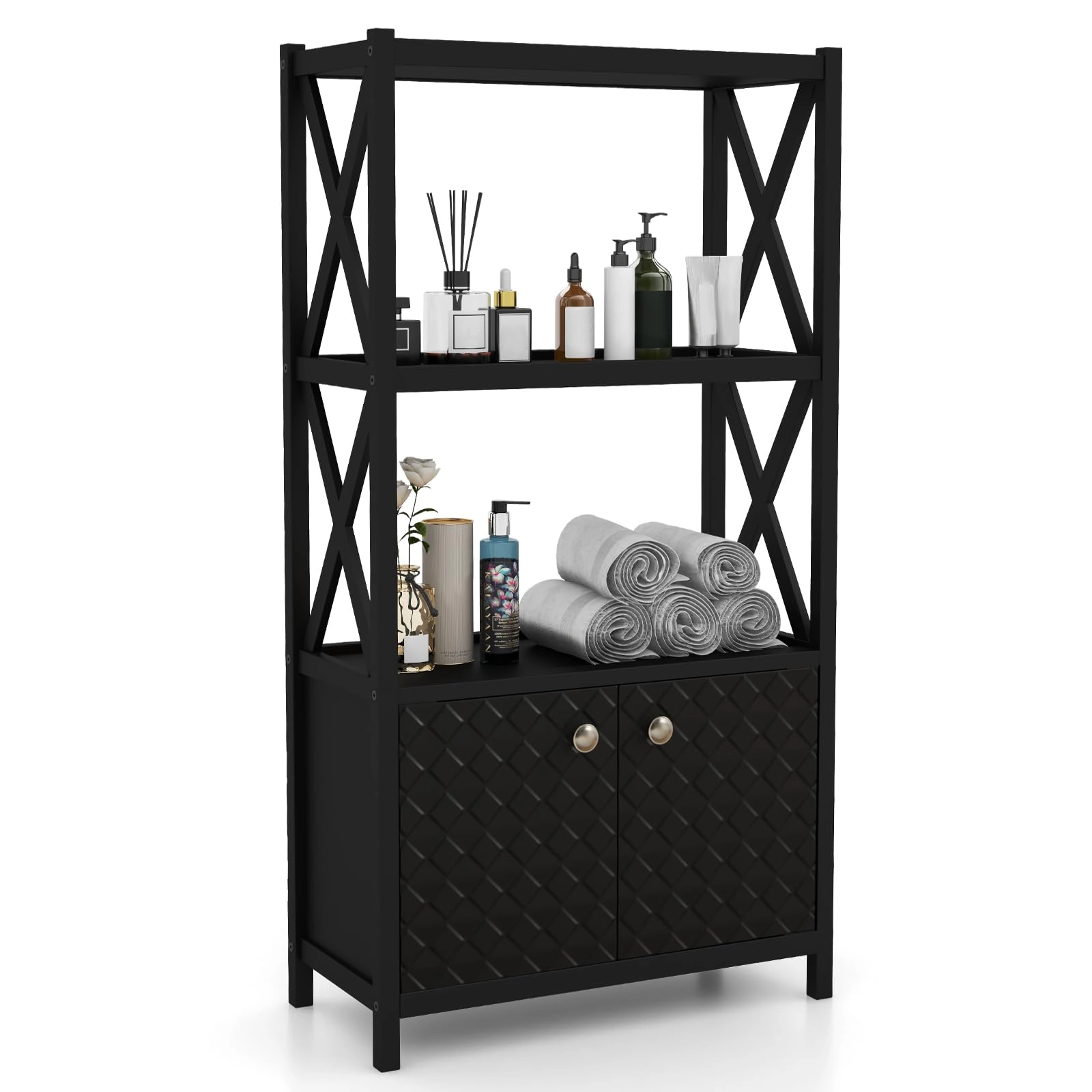Glintex Rubber Wood Storage Cabinet with X-Shaped Bars and Double Doors