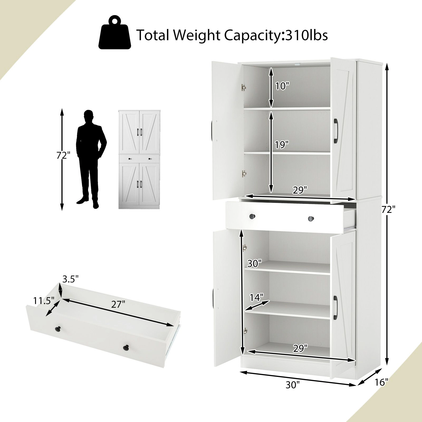 SlickBlue 72 Inch Kitchen Pantry Storage Cabinet with Barn Doors White
