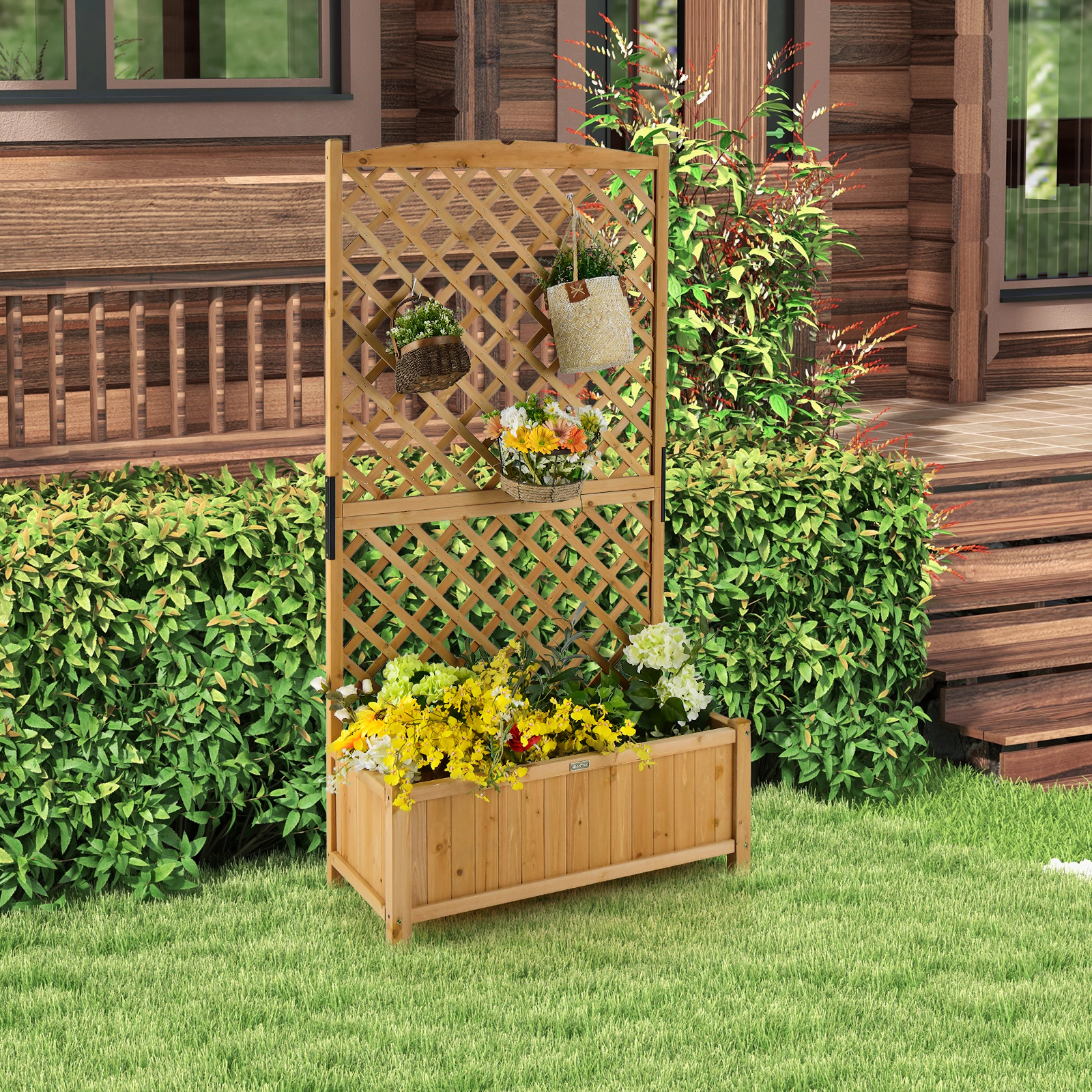 SlickBlue Wooden Planter Box with Diamond Lattice Trellis for Garden