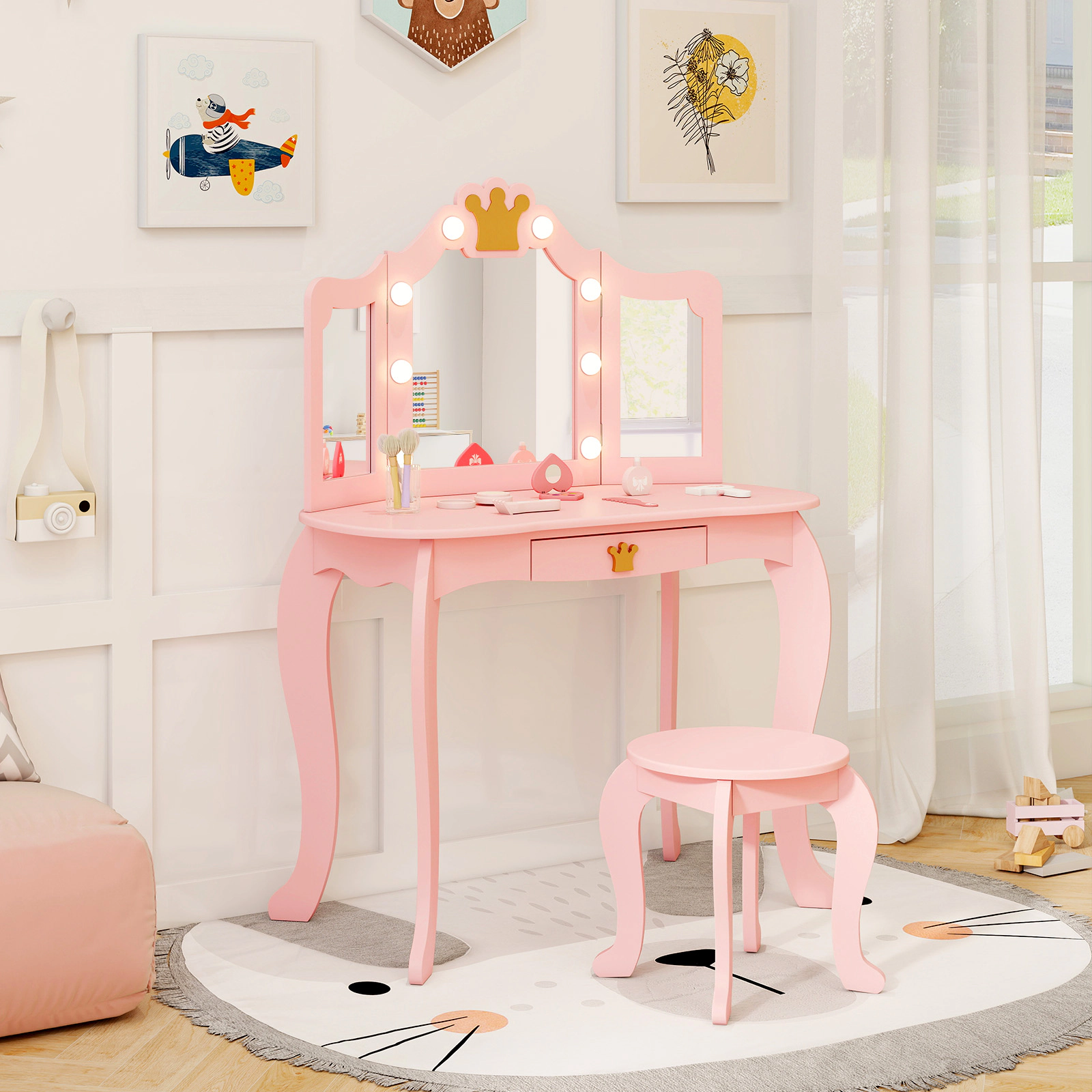 SUGIFT Pink Kids Vanity Set with Tri-Fold LED Mirror, Stool and Detachable Desk