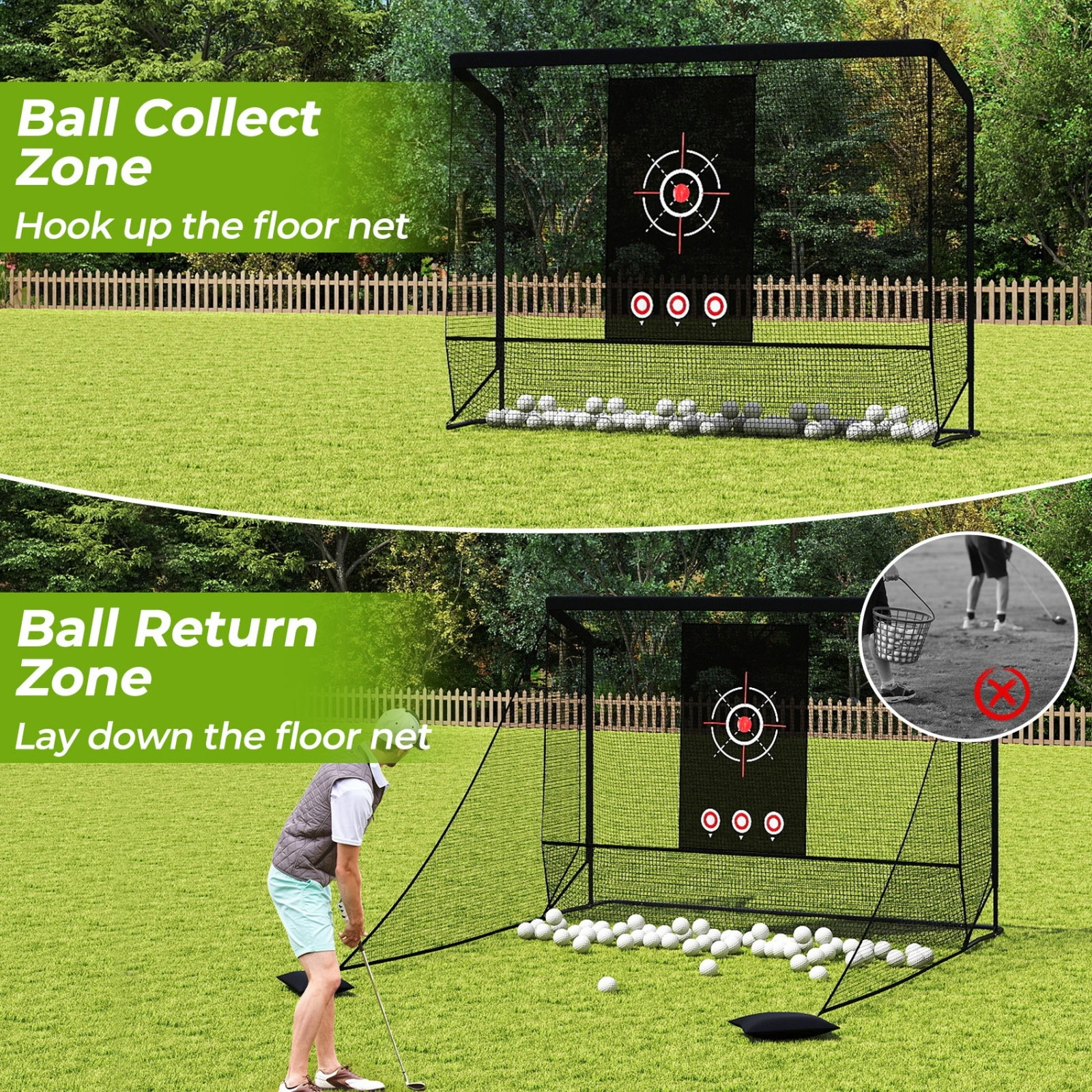 SUGIFT Dual Side Barriers and Target Cloth 10.7 ft Cage Adult Golf Practice Hitting Net