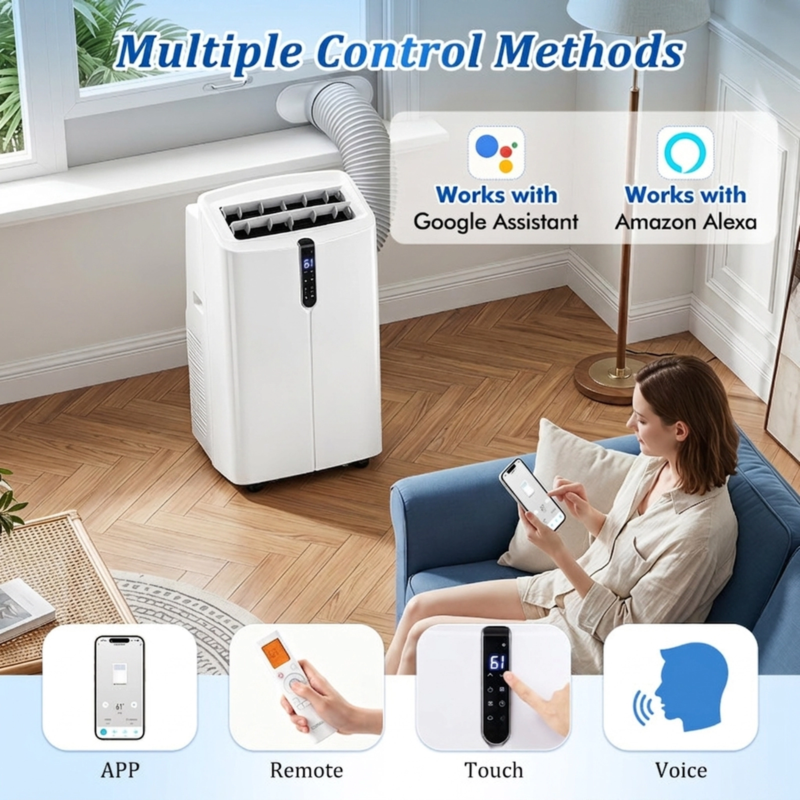 SUGIFT 14000 BTU Smart Portable Air Conditioner 47 dB for Rooms up to 750 Sq Ft White/Black