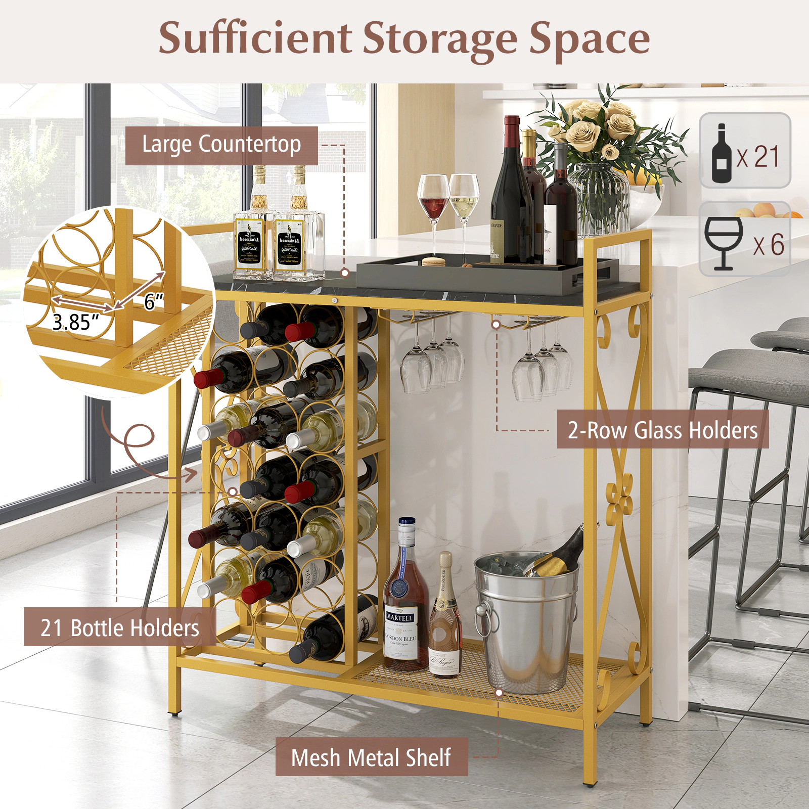 SUGIFT 40-in 21-Bottle Freestanding Floor Wine Rack with 6-Glass Holder and Metal Storage Stand