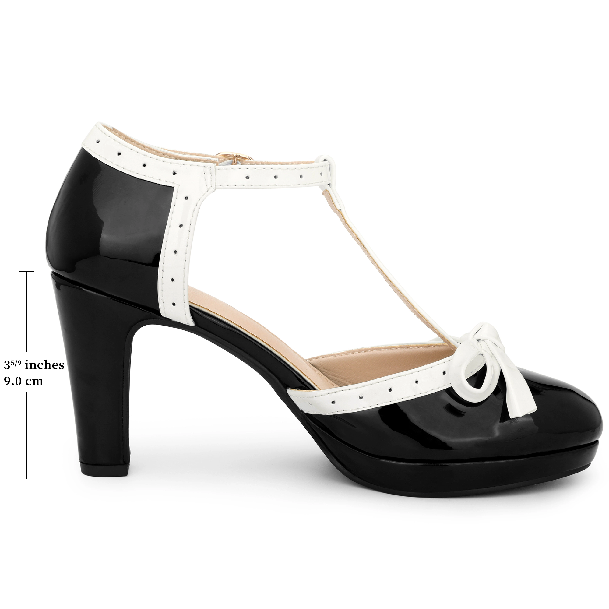 BLISSFUL STEP Women's Platform Bow Chunky Heels T-Strap Mary Janes Pumps