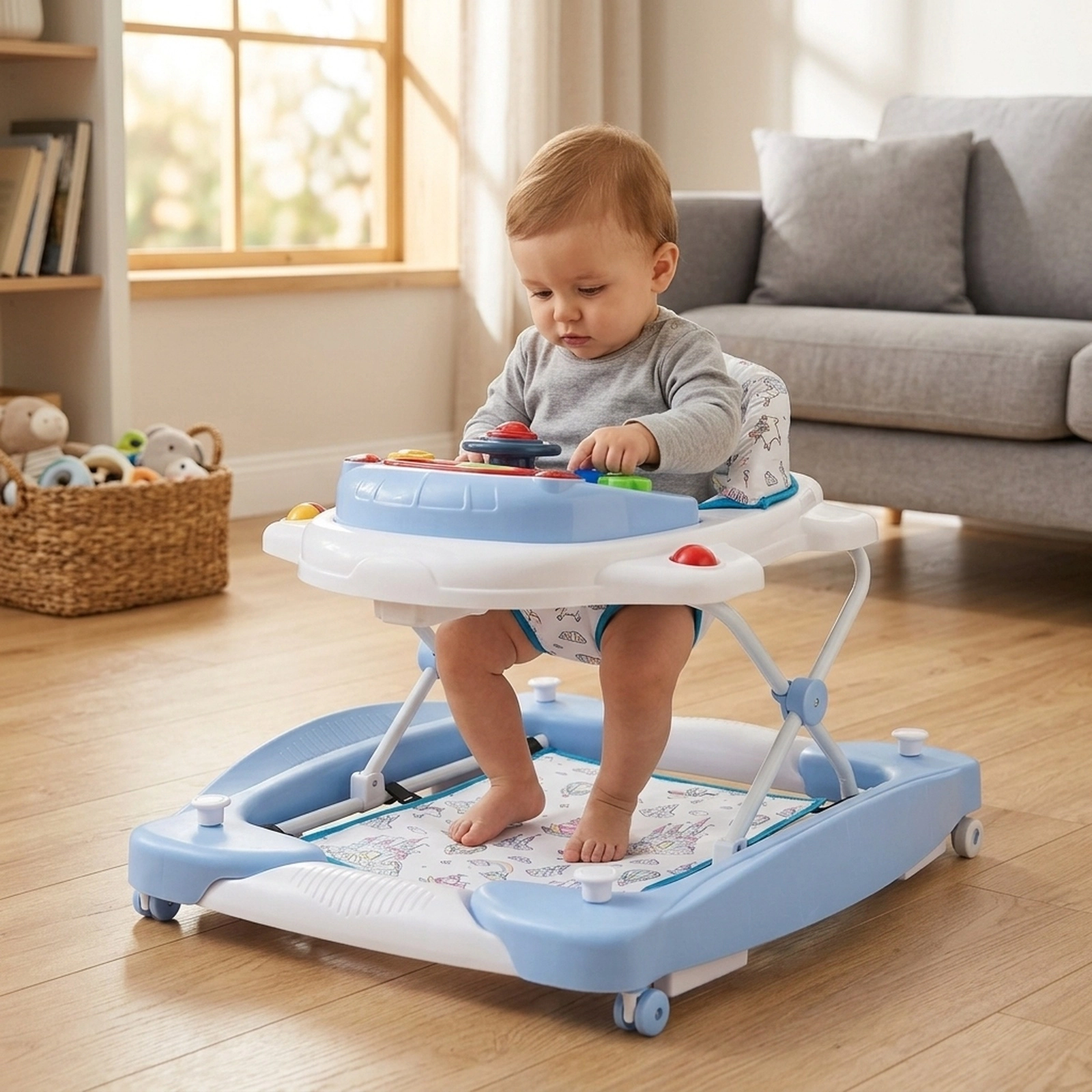 6-in-1 Foldable Baby Walker with Wheels 3 Adjustable Heights Music Tray and Washable Seat for Boys and Girls in Blue