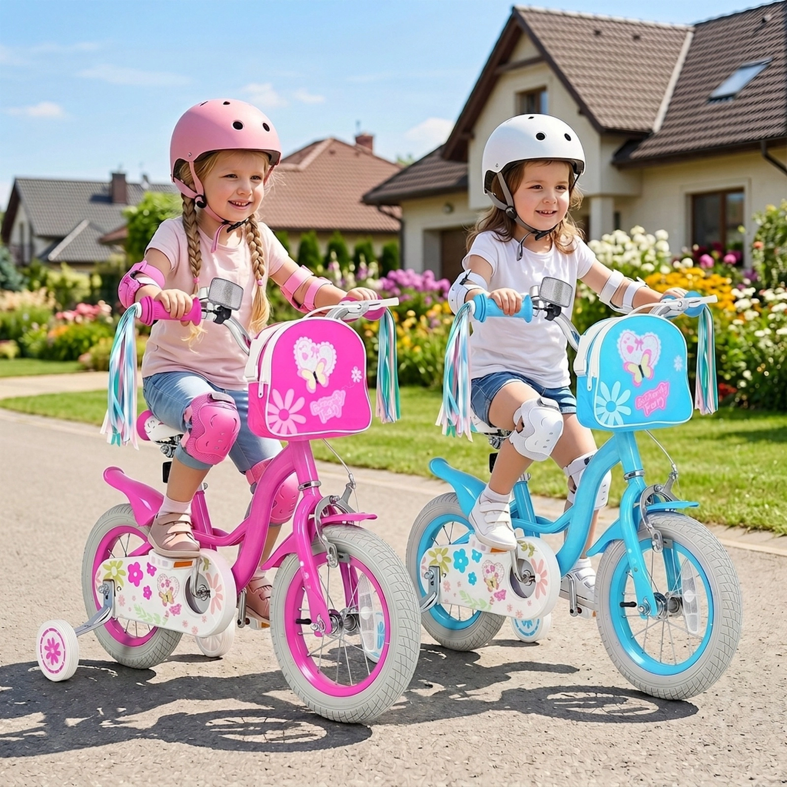 14-in Girls Bike Front Bag Handlebar Ages 3-5 Pink Kids Bicycle Removable Training Wheels Bell 110-lb Seat Capacity