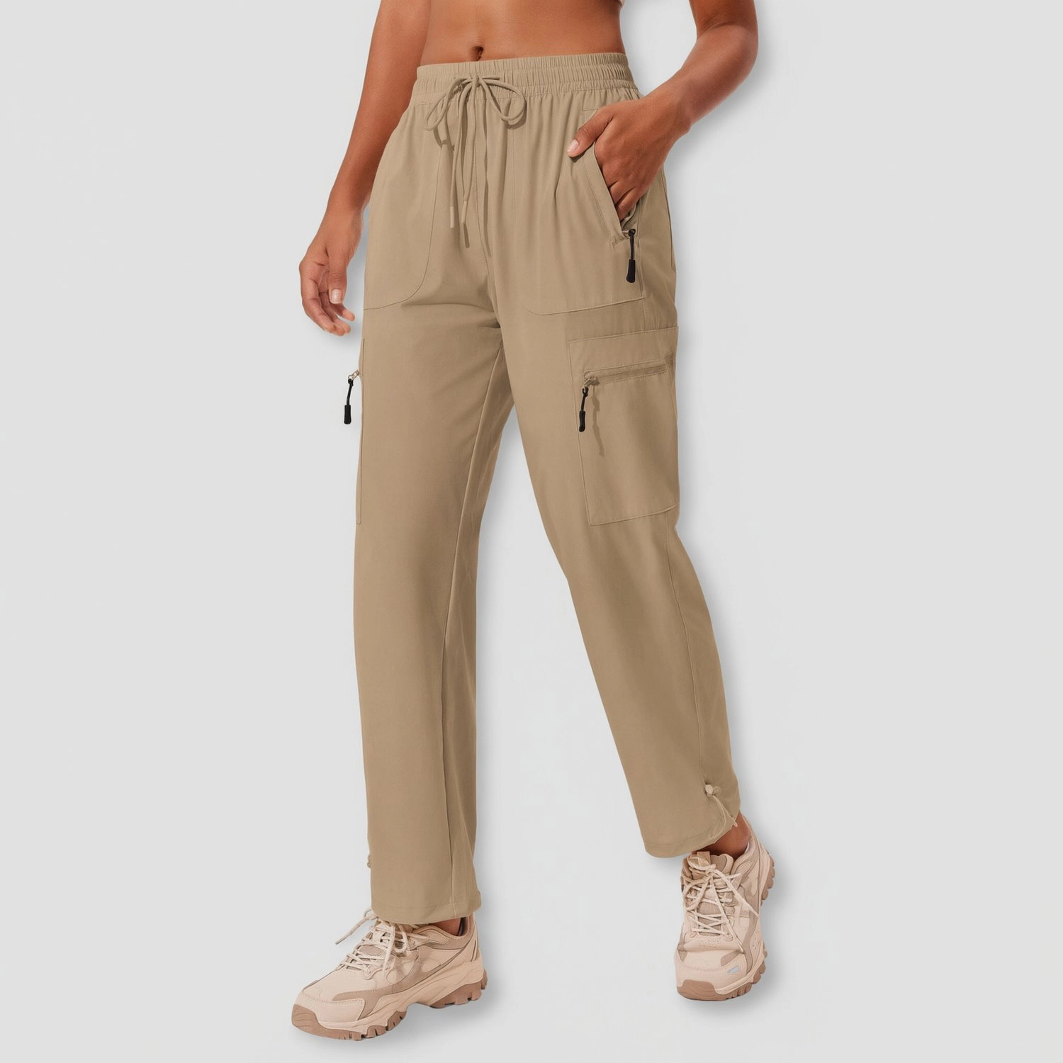 Pinspark Womens High Waist Cargo Pants Drawstring Zip Pockets Straight Leg Trousers