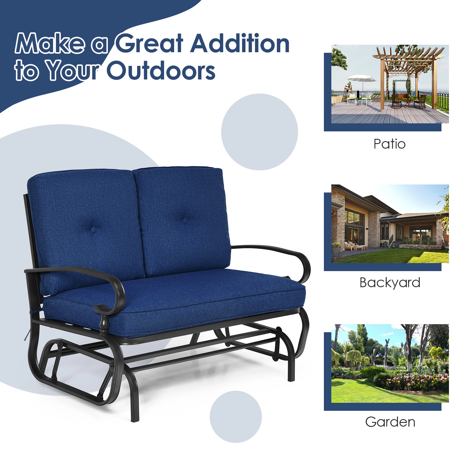 SUGIFT 2-Person Navy Outdoor Glider Swing with Olefin Cushions 47.5-in W 27-in D 33.5-in H 440-lb Seat Capacity