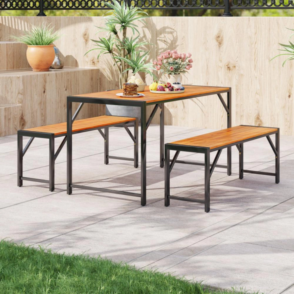 Hivvago 3 Pieces Patio Dining Set With Acacia Wood Dining Table And 2 Benches