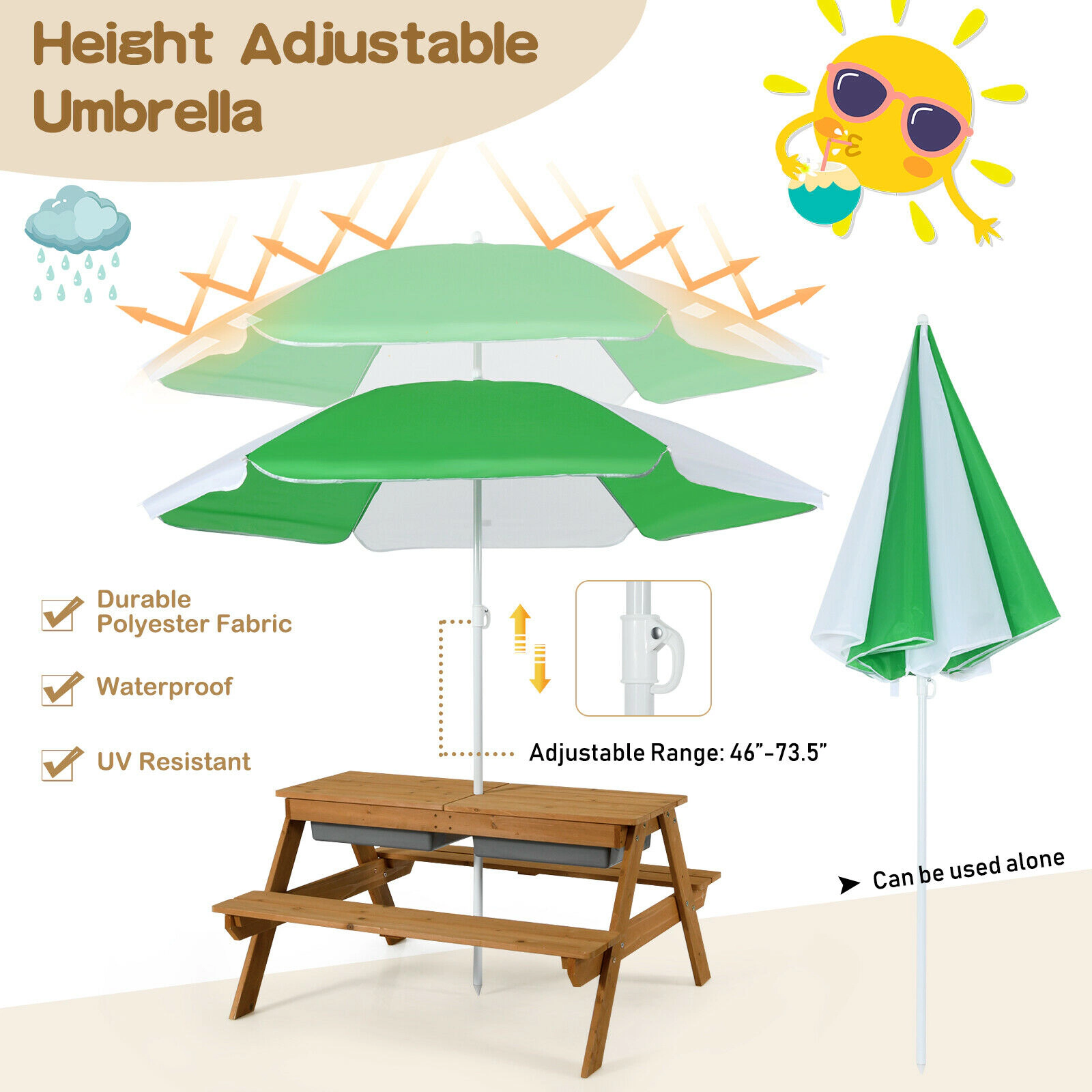 SUGIFT 3-in-1 Kids Outdoor Picnic Water Sand Table and Bench Set with Umbrella 110-lb Tabletop Capacity Ages 3-7 Green