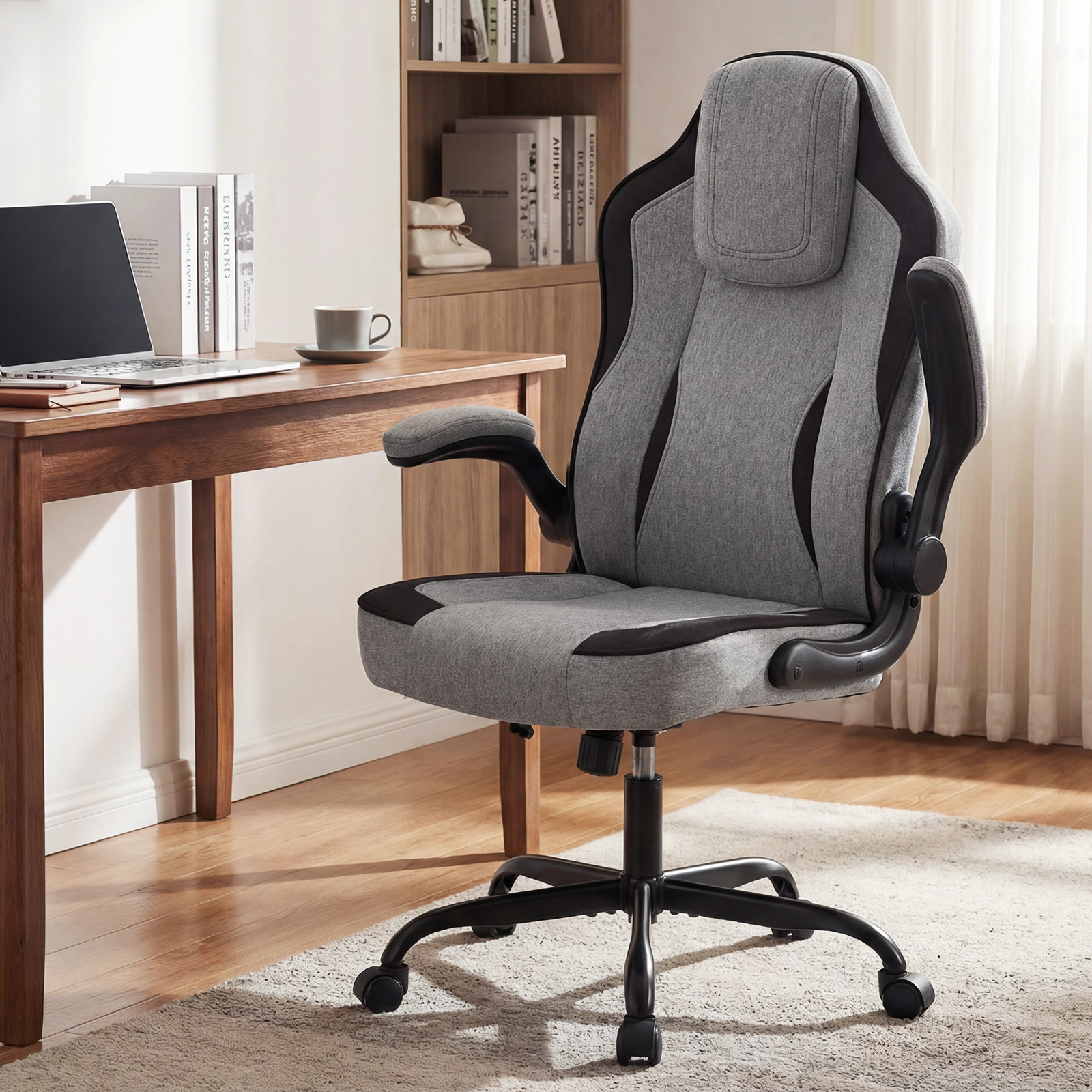 SUGIFT High Back 275-lb Capacity Gray Linen Ergonomic Computer Desk Chair with 90-Degree Flip-up Arms