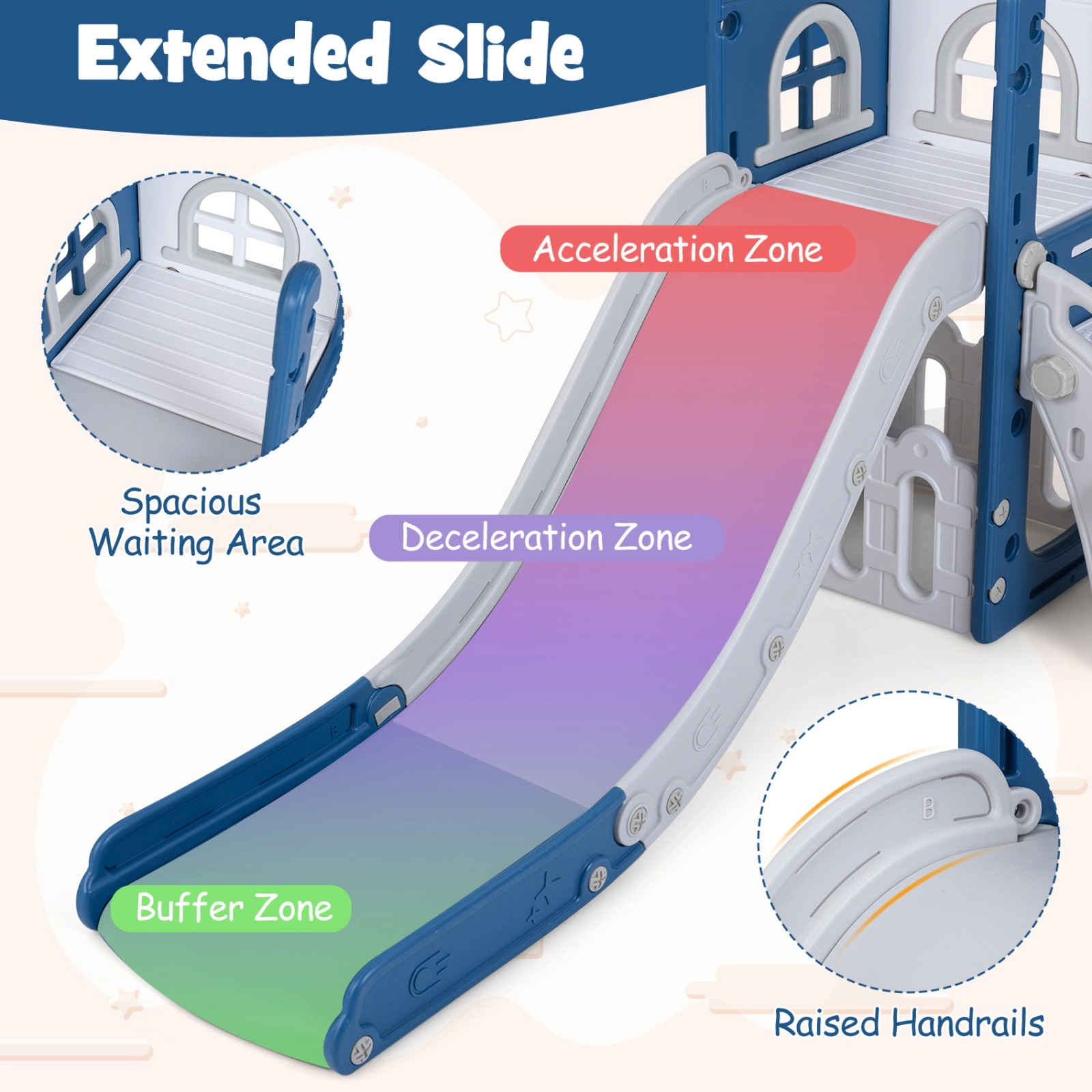 SUGIFT Blue Basketball Hoop and Ladder 6-in-1 Toddler Slide L-Shaped Playground