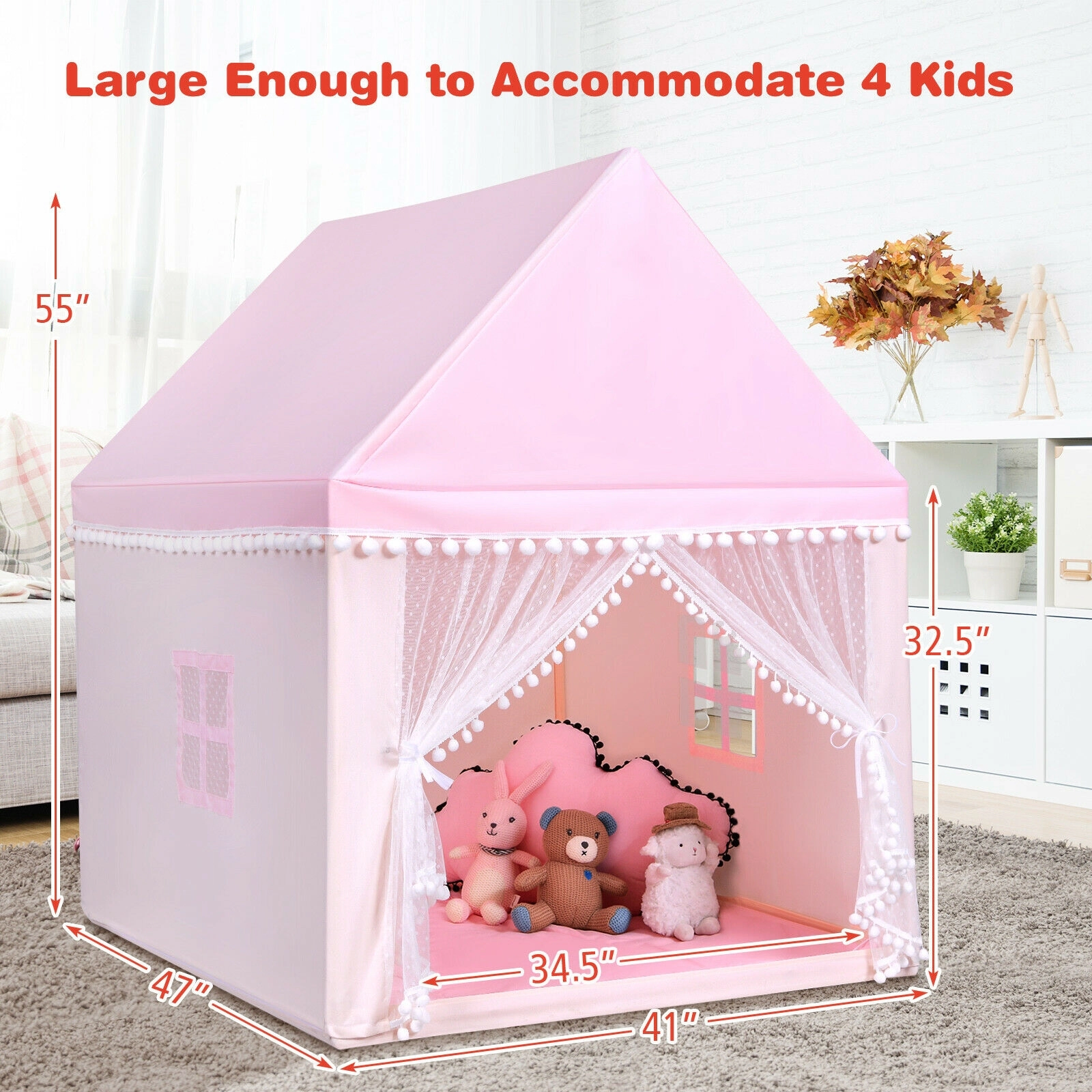 SUGIFT Solid Wood Frame Kids Play Castle Tent Playhouse with Thick Cotton Mat 55-in Tall Pink
