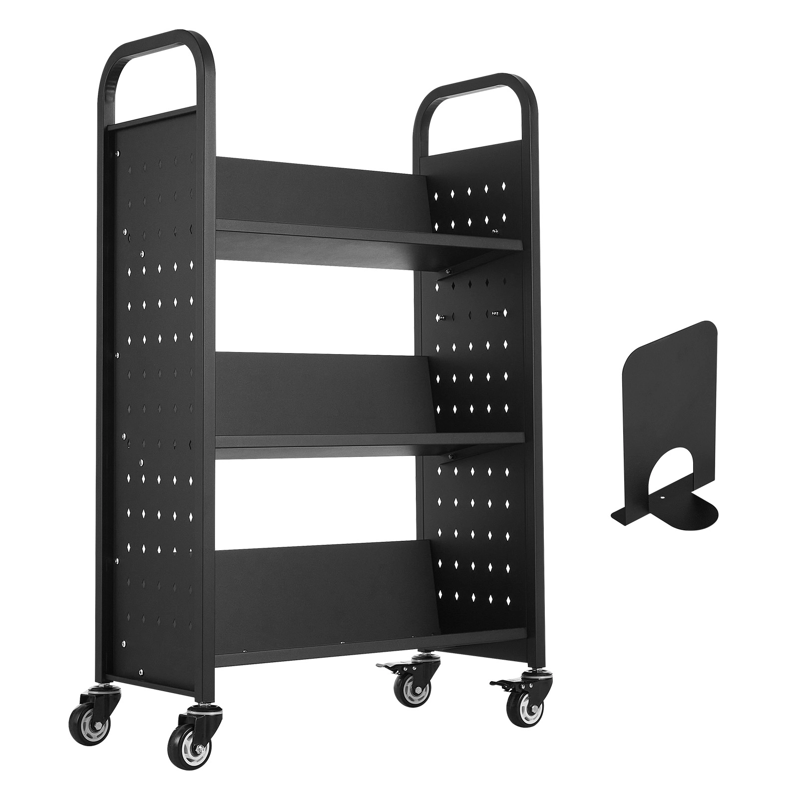 HONGGE Rolling Library Book Cart with V-Shaped Shelves, 330 Lbs Capacity, Lockable Wheels, Black