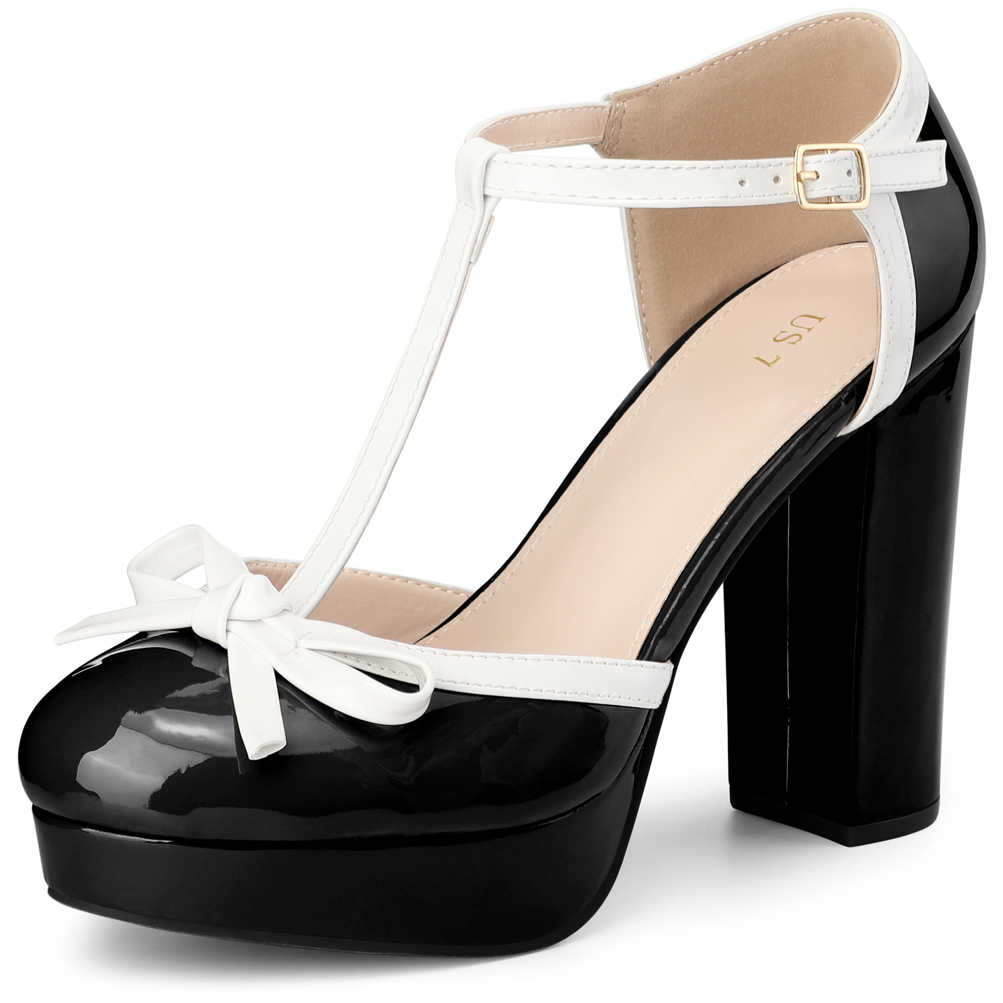 BLISSFUL STEP Women Patent Leather Bow T-Strap Platform Chunky Heels Pumps
