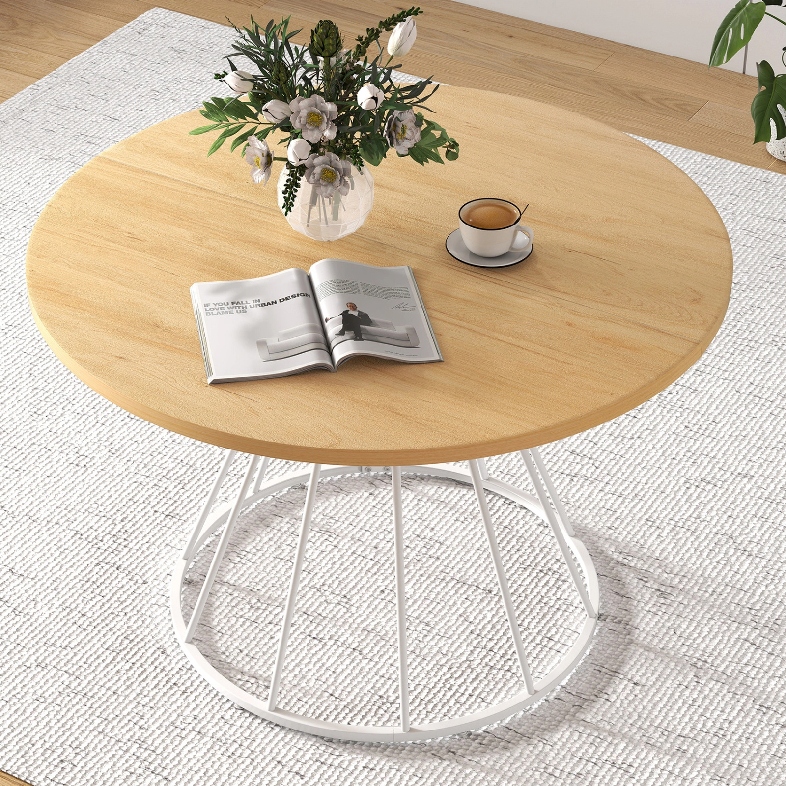 SUGIFT 47-in Round Farmhouse Dining Table for 4 with MDF Tabletop and Metal Frame 200-lb Capacity Natural+White