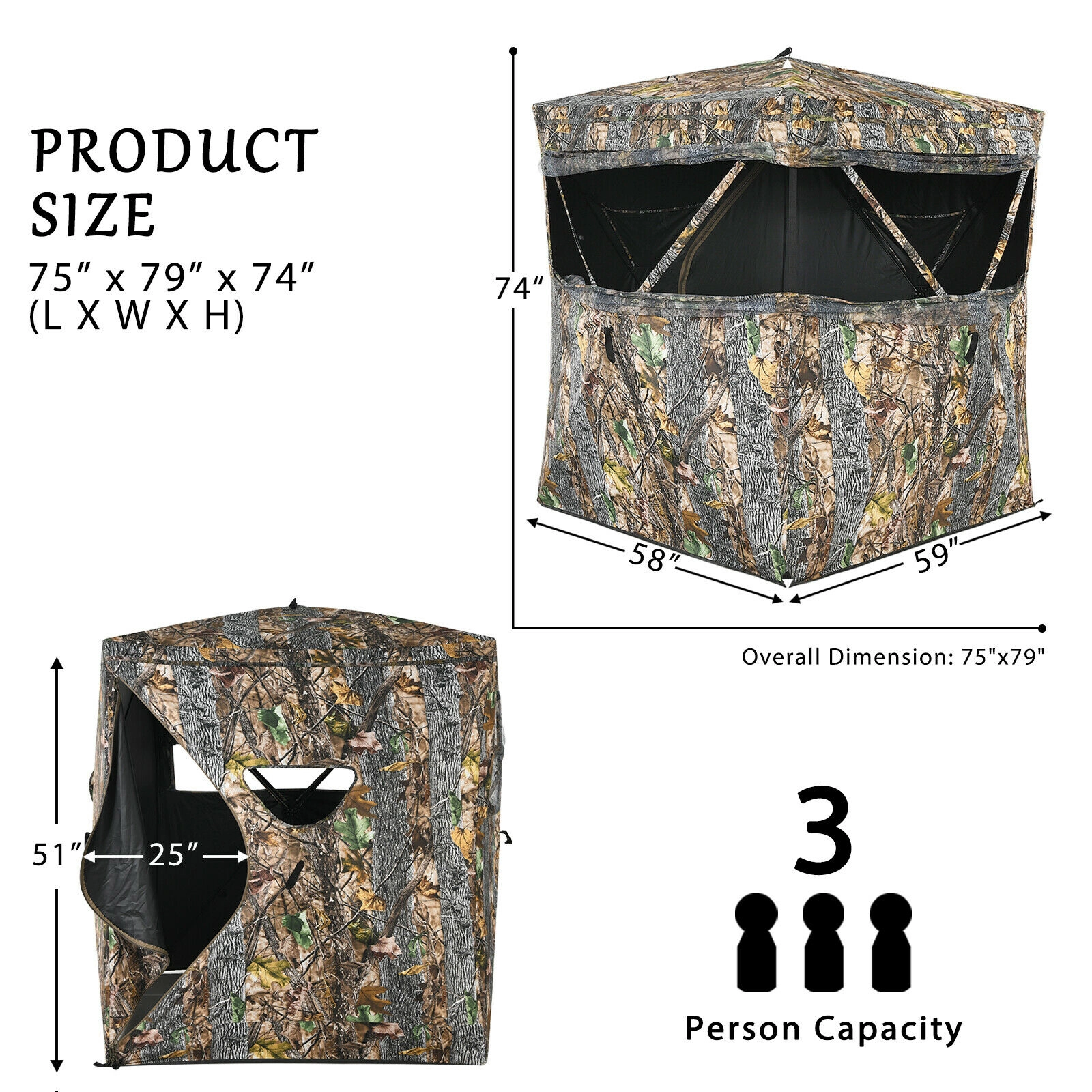 SUGIFT Camouflage 74-in Tall Surround View Pop-Up Ground Blind with Slide Mesh Windows and Carry Bag