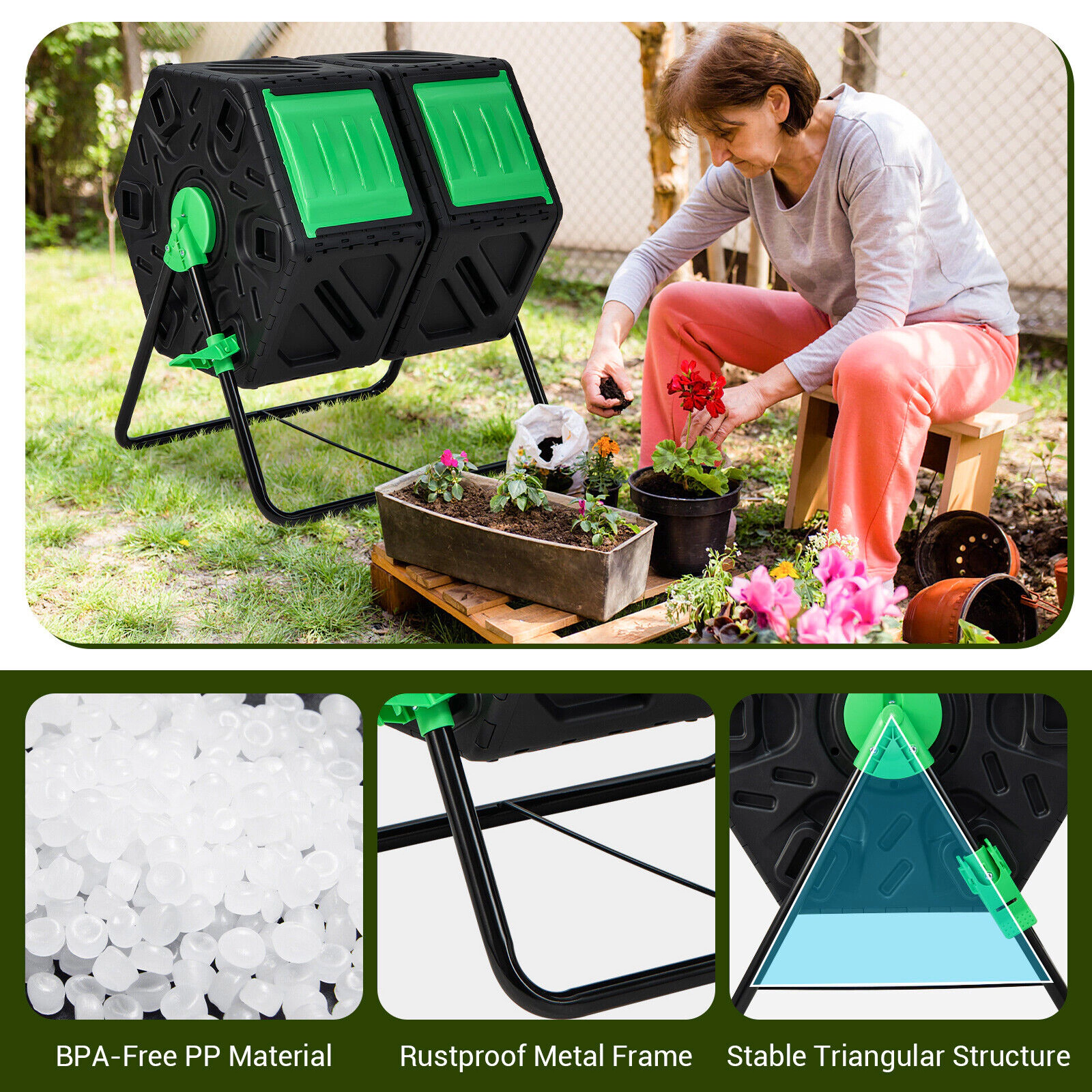 SUGIFT 34.5-gal Dual Chamber Outdoor Compost Tumbler with 360-Degree Rotation and Sliding Doors