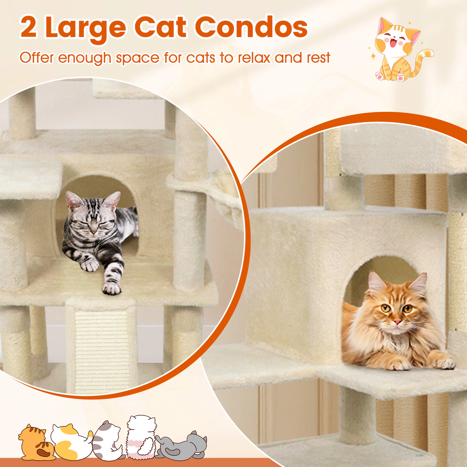SUGIFT 65-in Tall Multi-level Cat Tree with 3 Upholstered Perches and 2 Cat Condos Beige