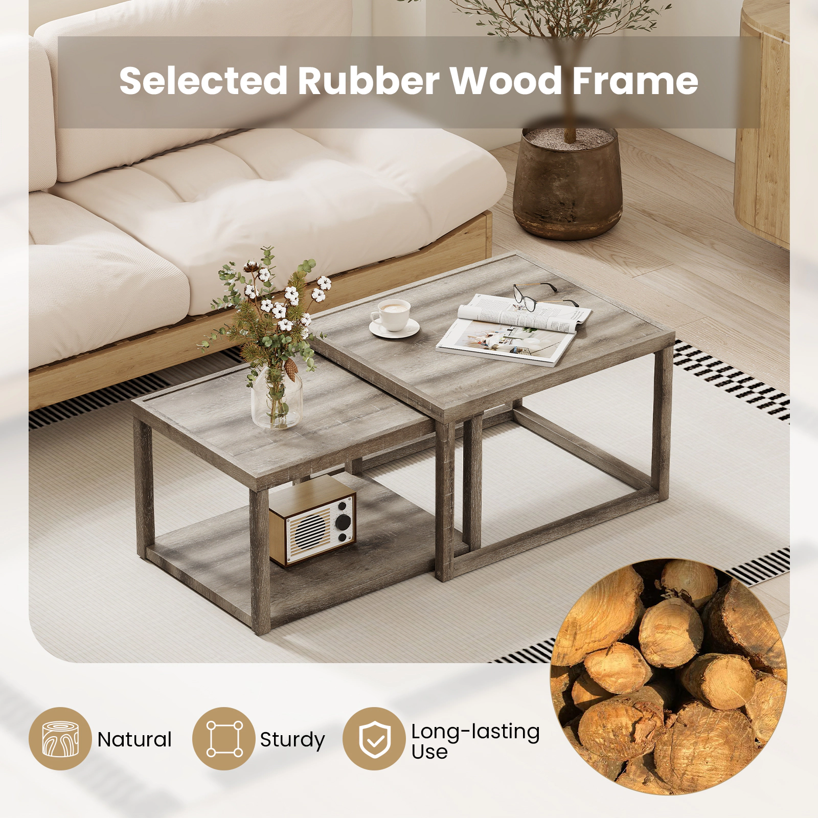 Slickblue Set of 2 Coffee Table Set Rectangular Nesting Tables with Open Shelf Gray Finish
